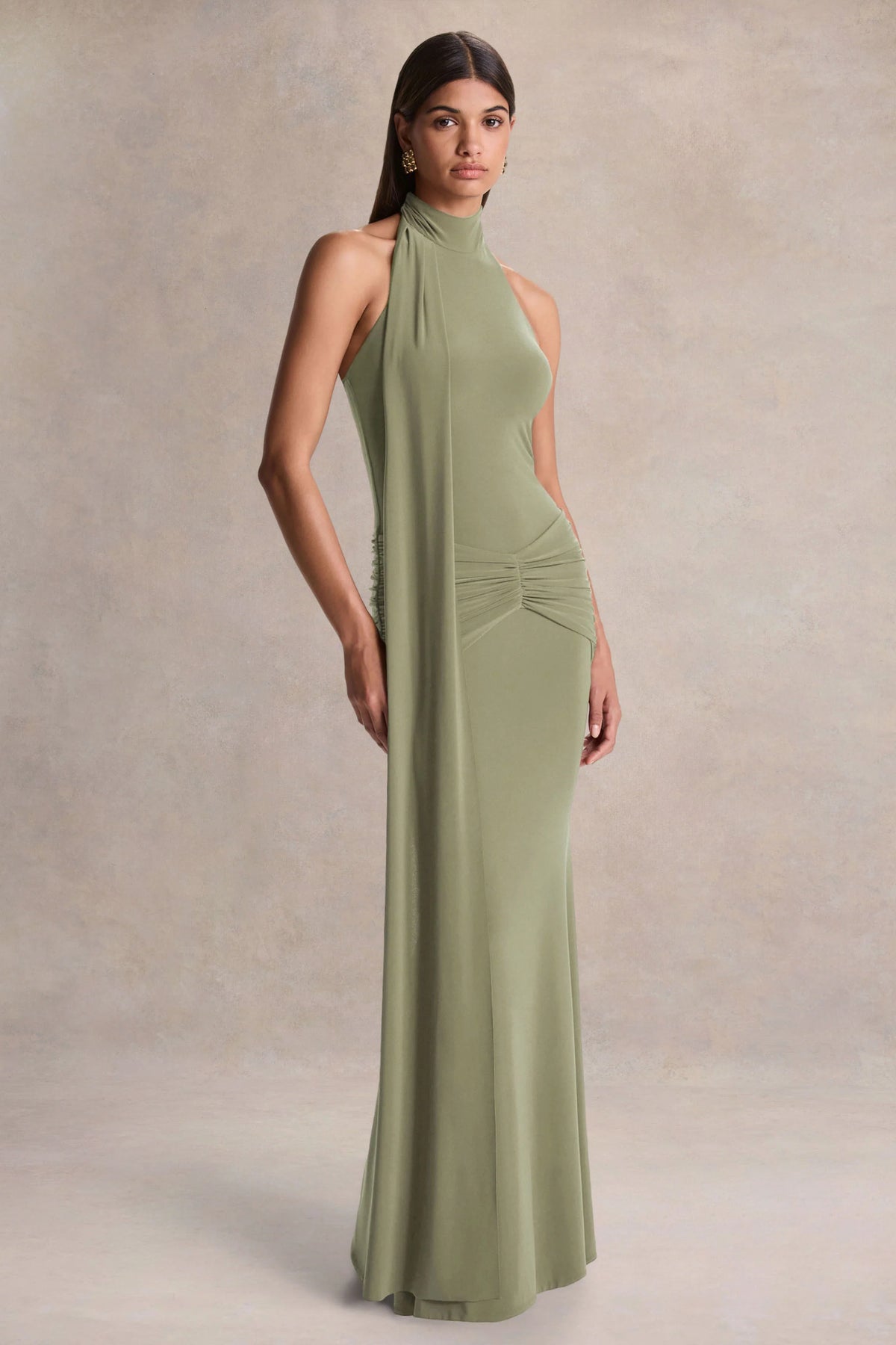 Hyla Green High Neck Maxi Dress With Sash Detail