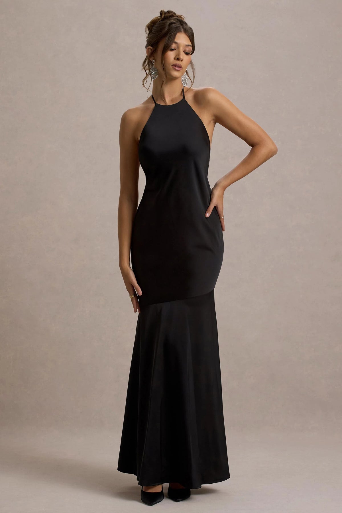 Frida Black Satin Halter Neck Backless Maxi Dress