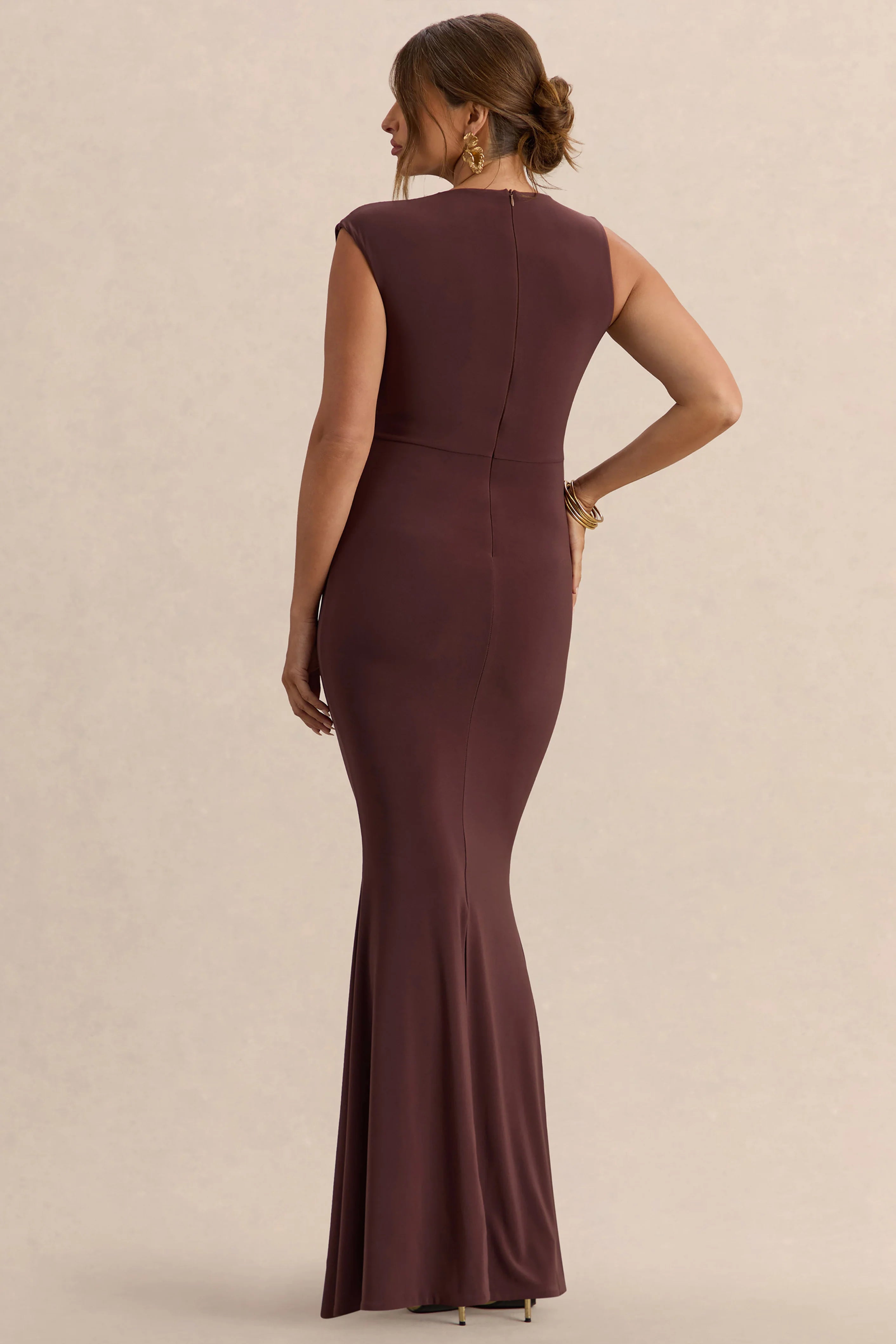 Osanna Dark Brown Wide Neck Maternity Maxi Dress With Ruched Detailing