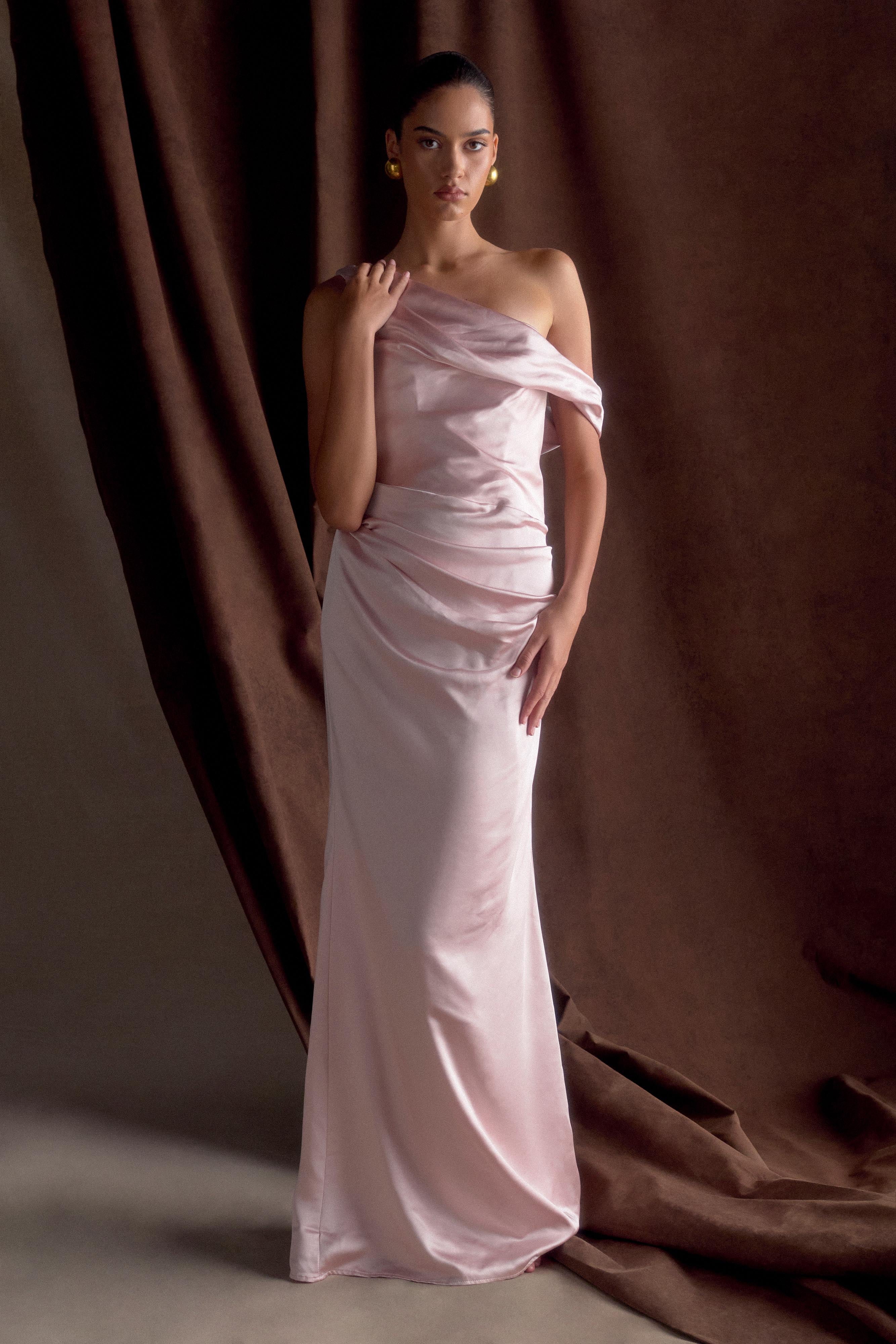 Dalia Off Shoulder Satin Maxi Dress Soft Pink