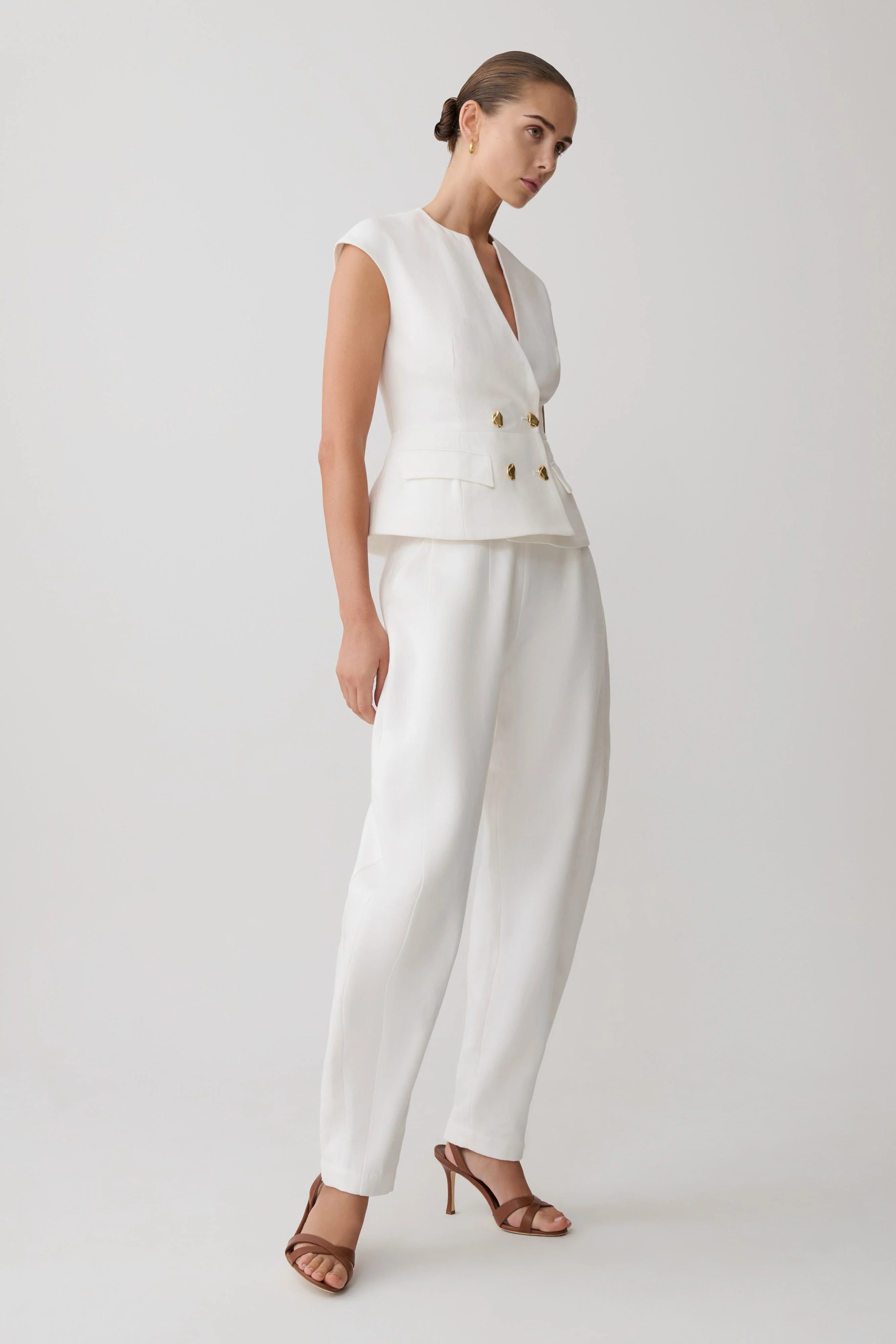 Oriana Linen Button Vest White