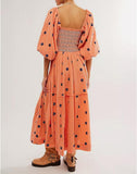 Women Floral Embroidered Maxi Dress Long Puff Sleeve Square Neck Bohemian Flowy Dress with Pockets Summer Fall