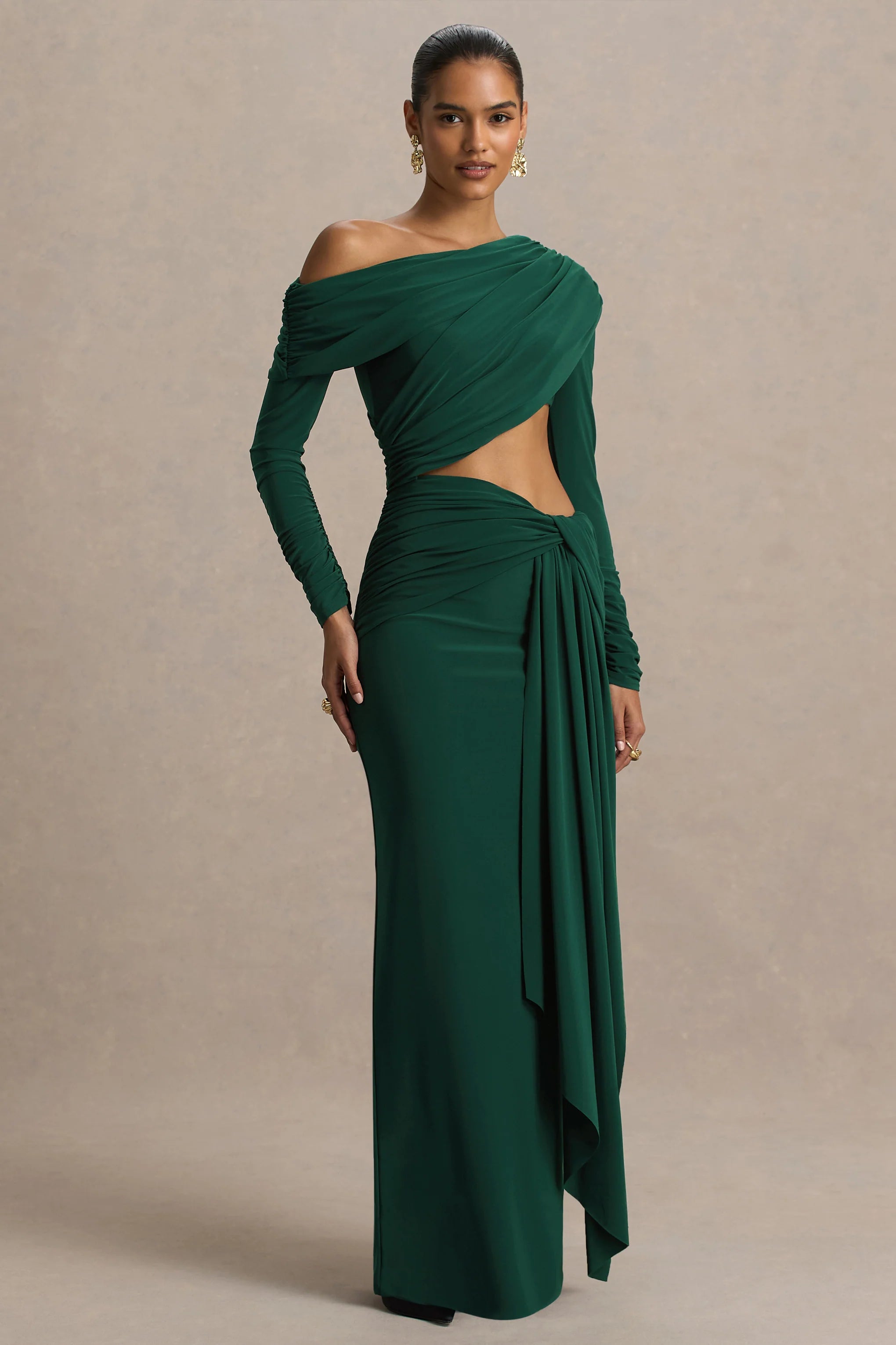 Mikayla Dark Green Asymmetric Neck Wrap Maxi Dress With Body Cut Out And Ruched Detailing