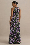 Svana Black Satin Floral Asymmetric Halter Neck Maxi Dress