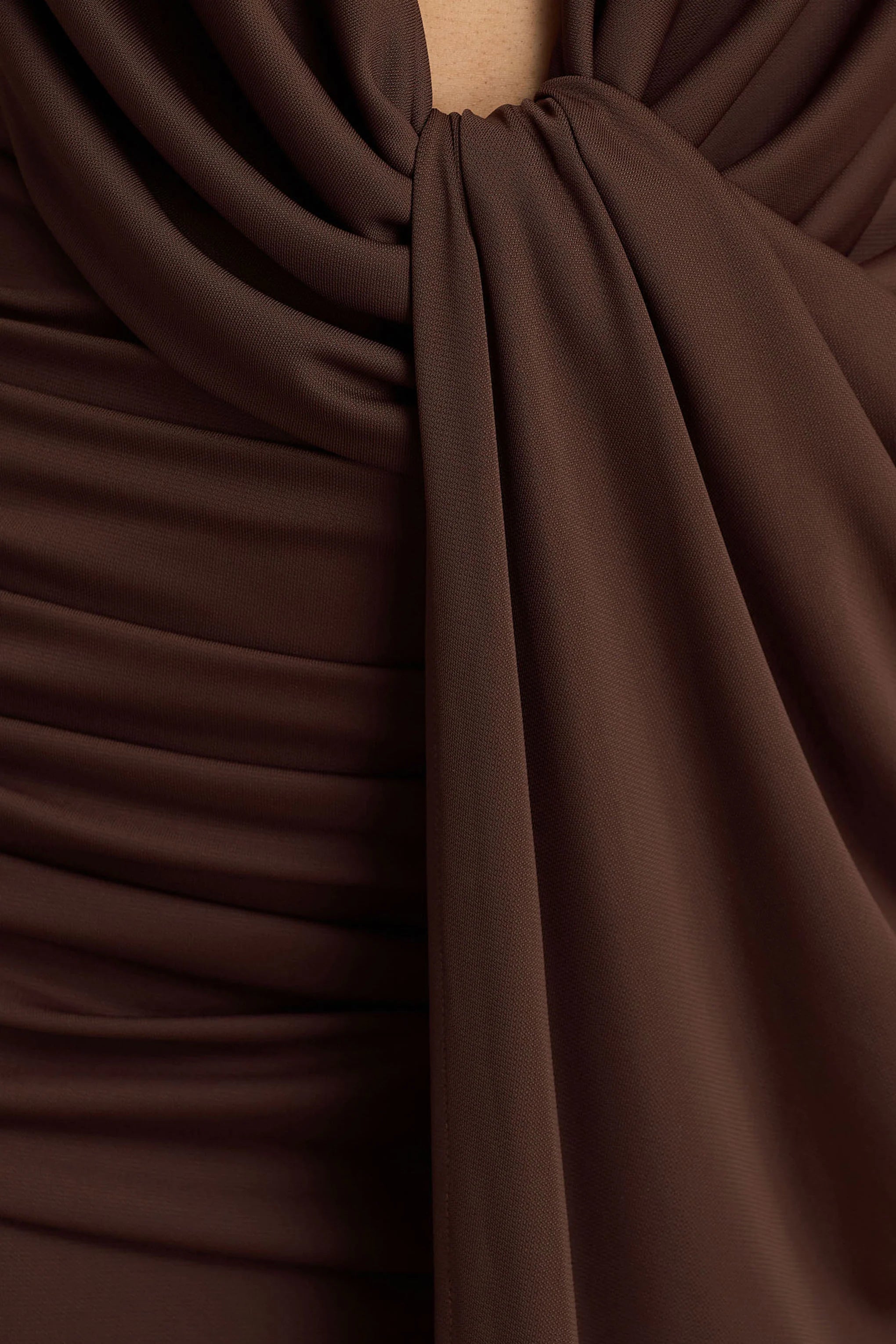 Serafina Chocolate Extreme Plunge Neck Maxi Dress With Wrap And Ruched Details