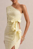 Norna Lemon Lace Asymmetric Neck Maxi Dress With Cut Out And Bow Details