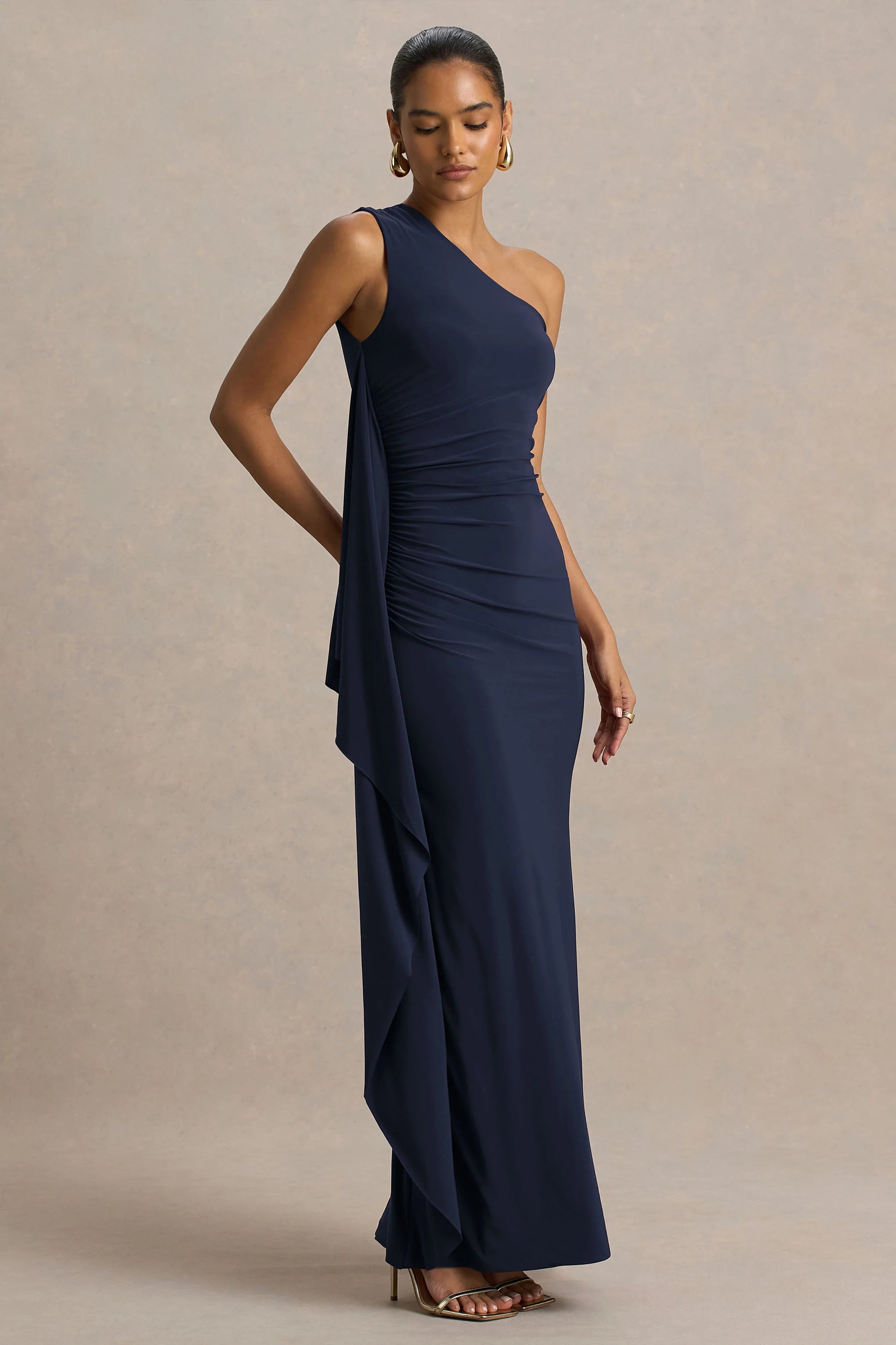 Adelina Navy One Shoulder Maxi Dress With Drape
