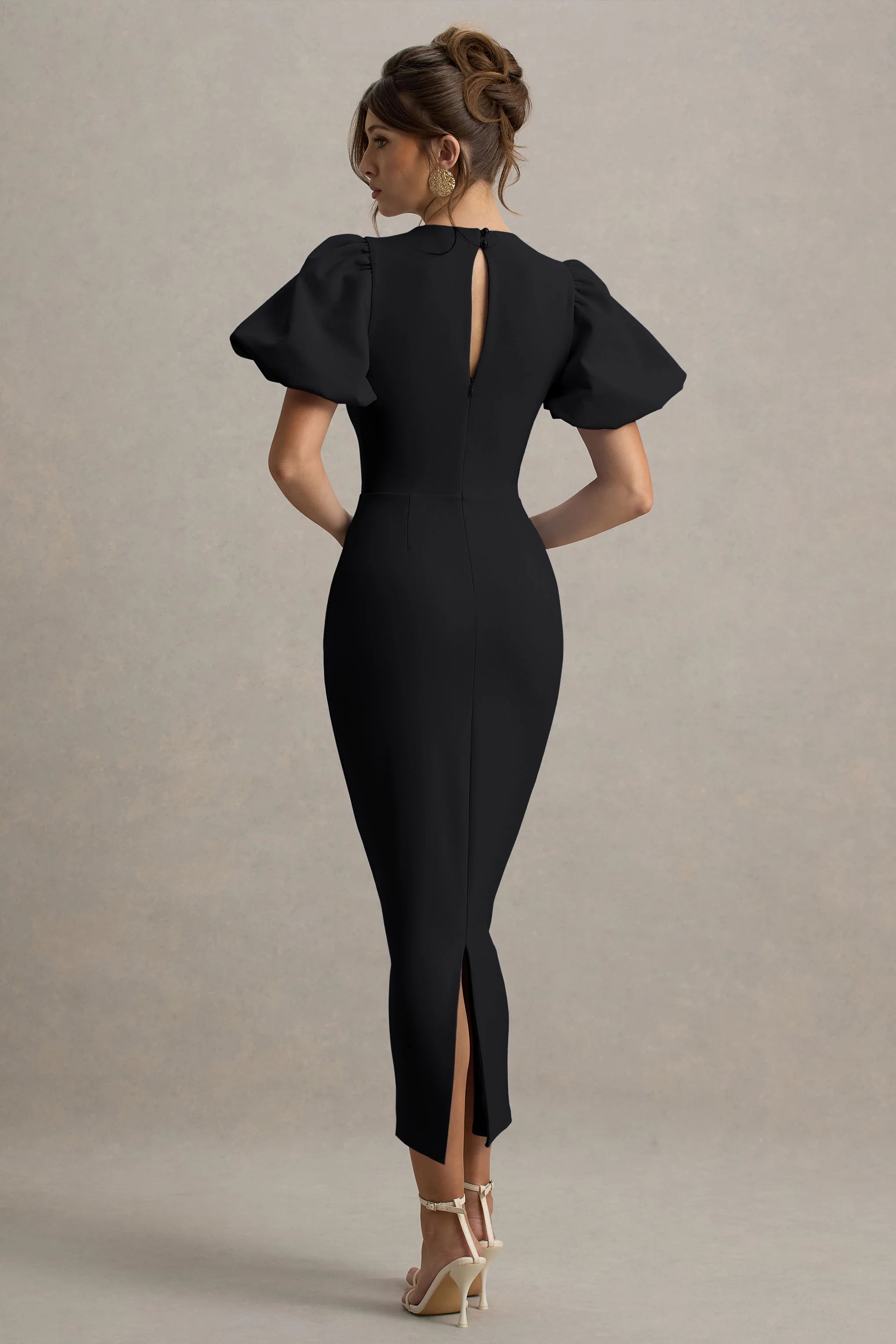 Dakota Black Puff Sleeve Midi Dress