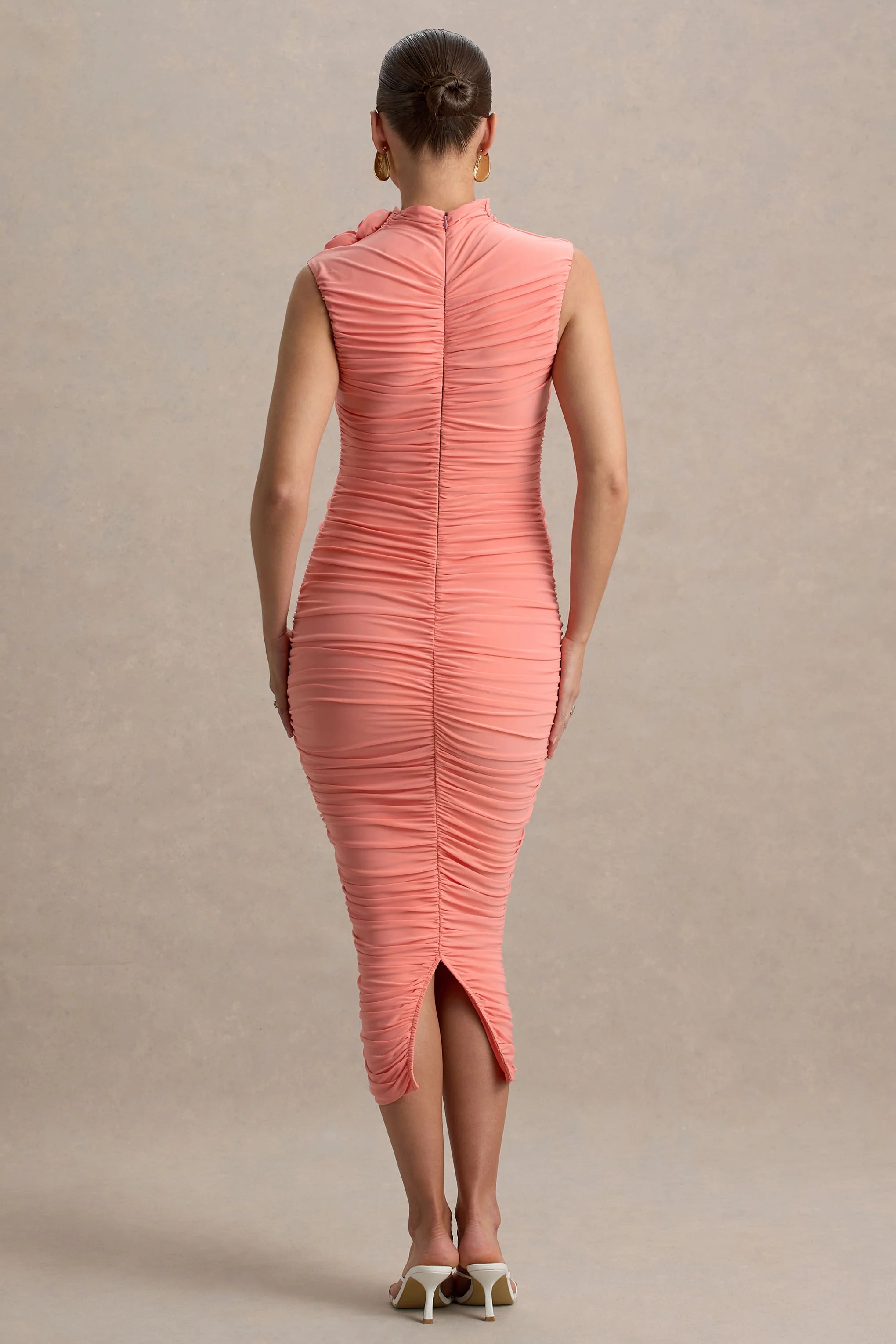 Shellie Coral High Neck Maternity Midi Dress With Corsage Detail