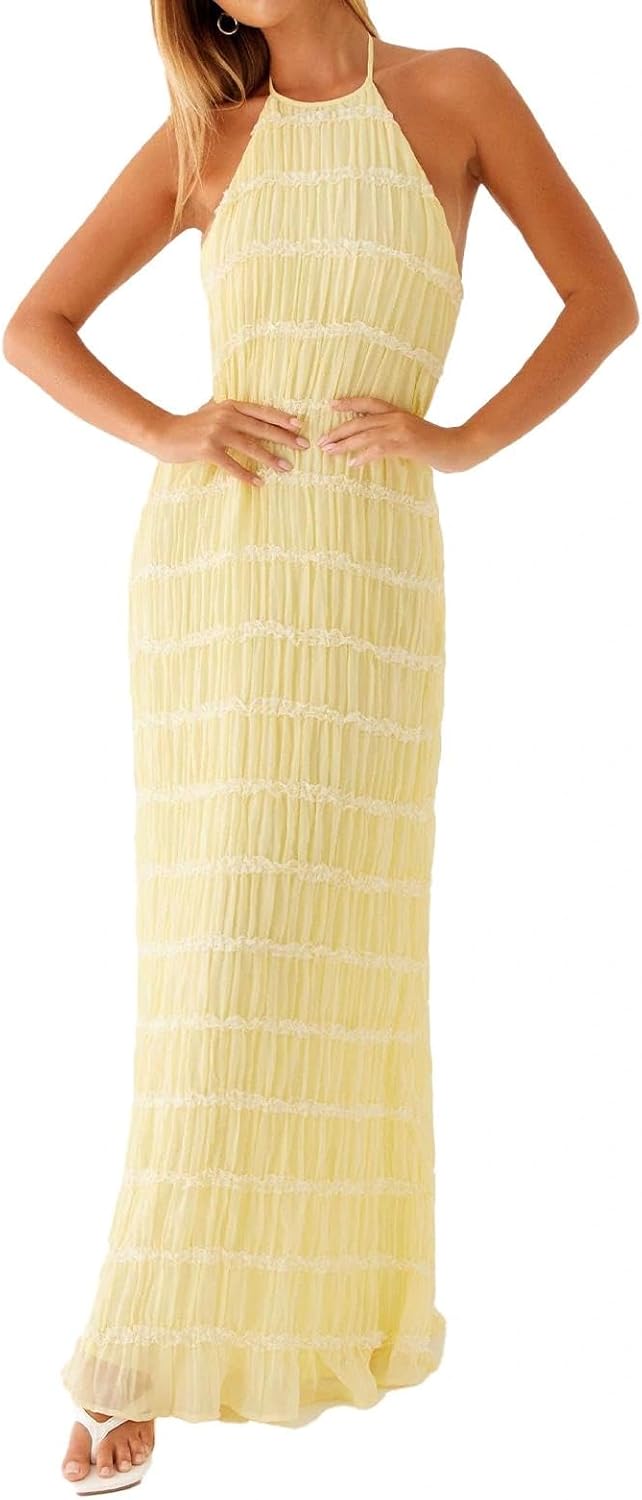 Women Backless Dress Sleeveless Textured Halter Open Back Maxi Dresses Vacation Wedding Guest