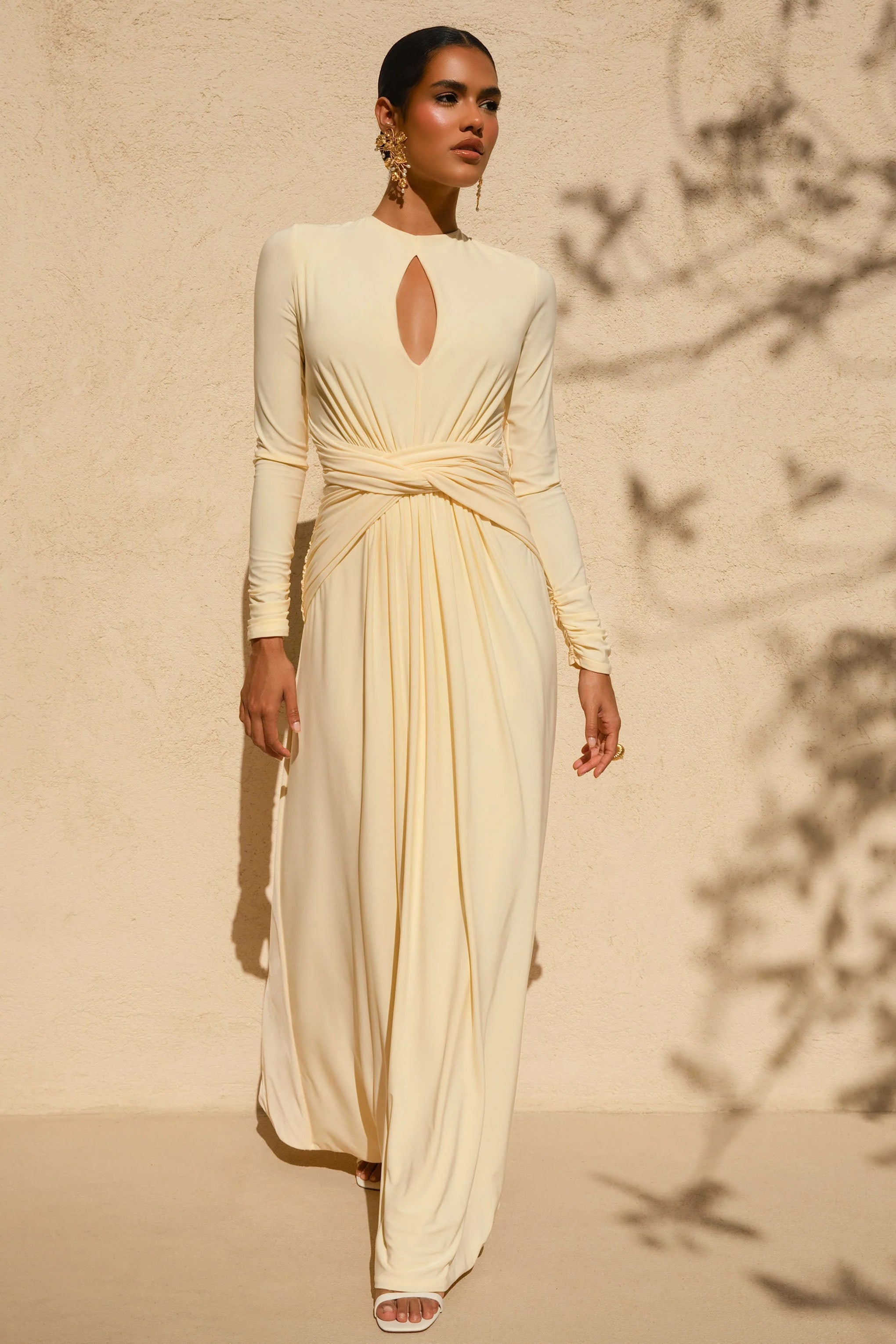 With Me Lemon High Neck Maxi Dress With Ruched Detailing