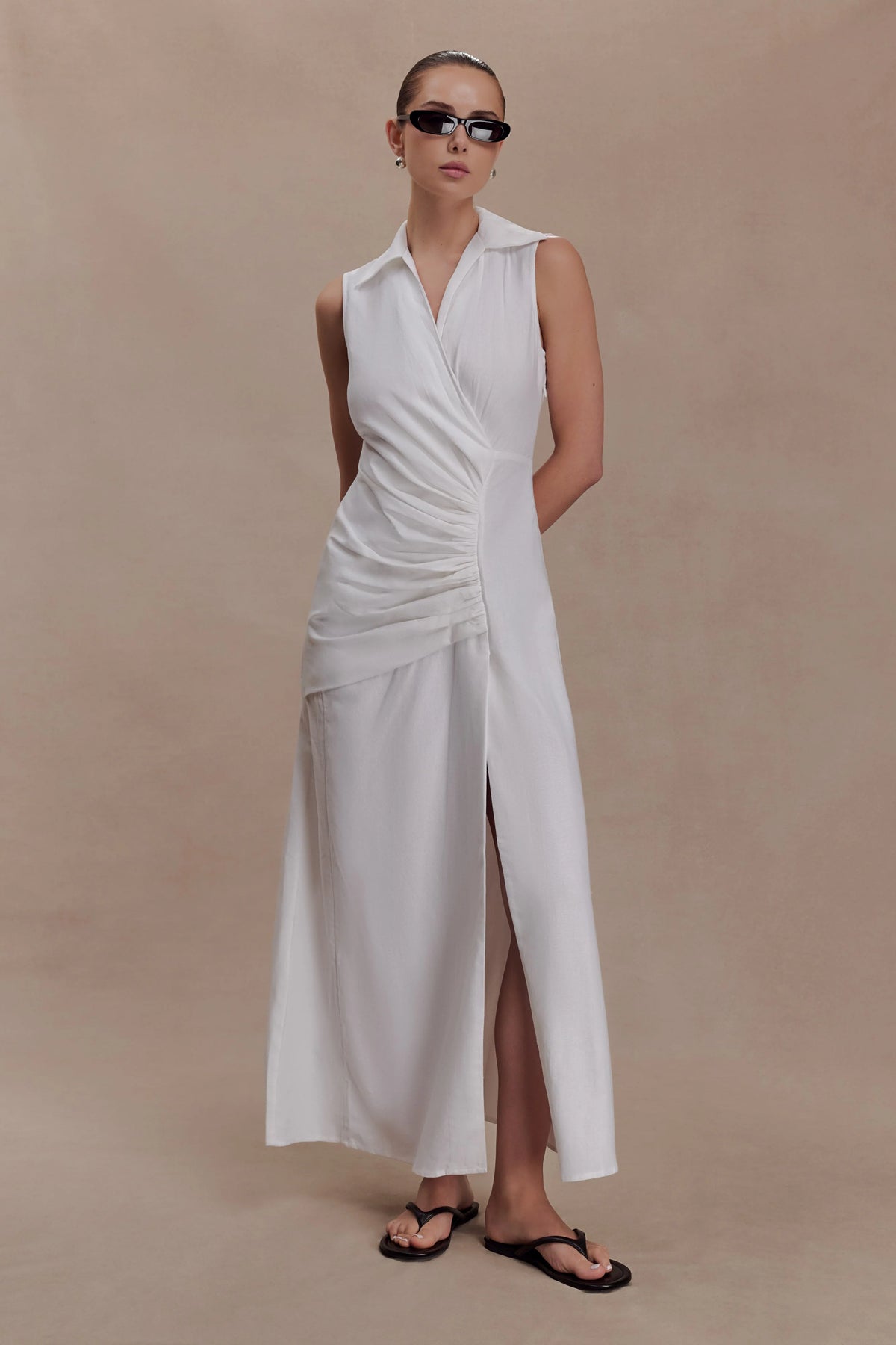 Dante Ruched Linen Midi Dress White