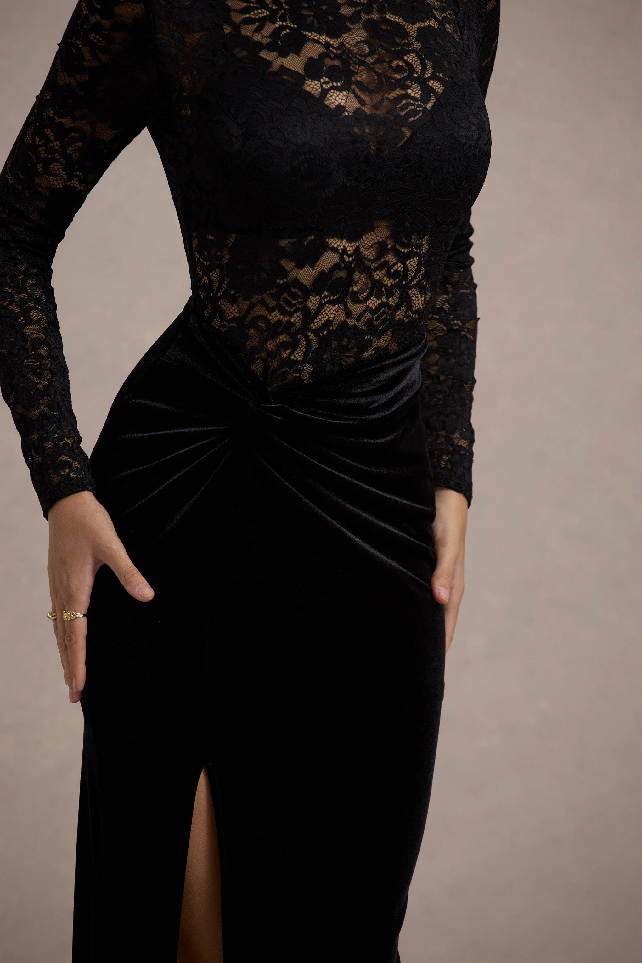 Loving Look Black Lace Long Sleeve Twisted Split Maxi Dress