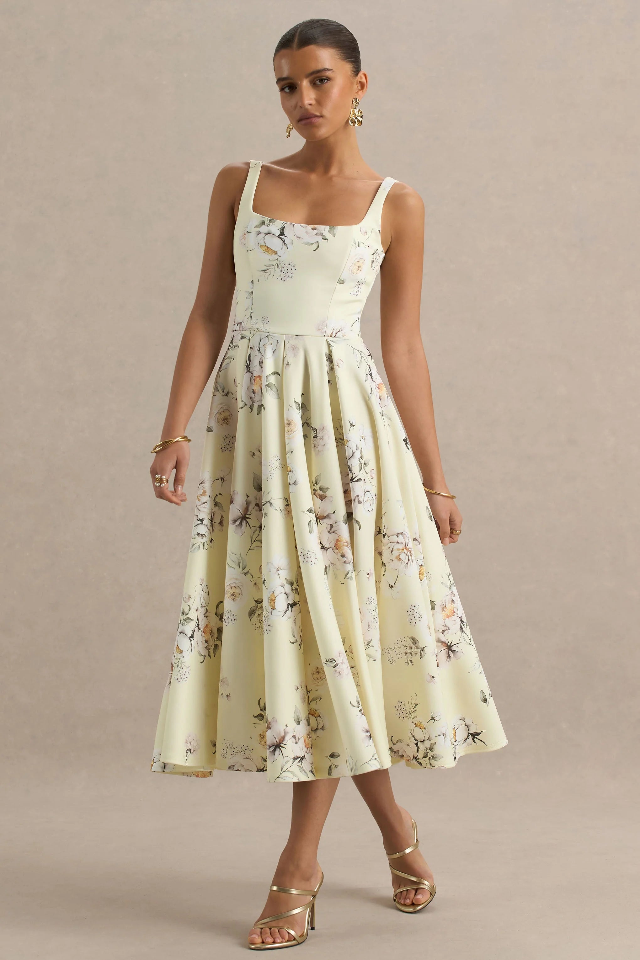 Lissa Lemon Floral Bouquet Print Square Neck Midi Dress