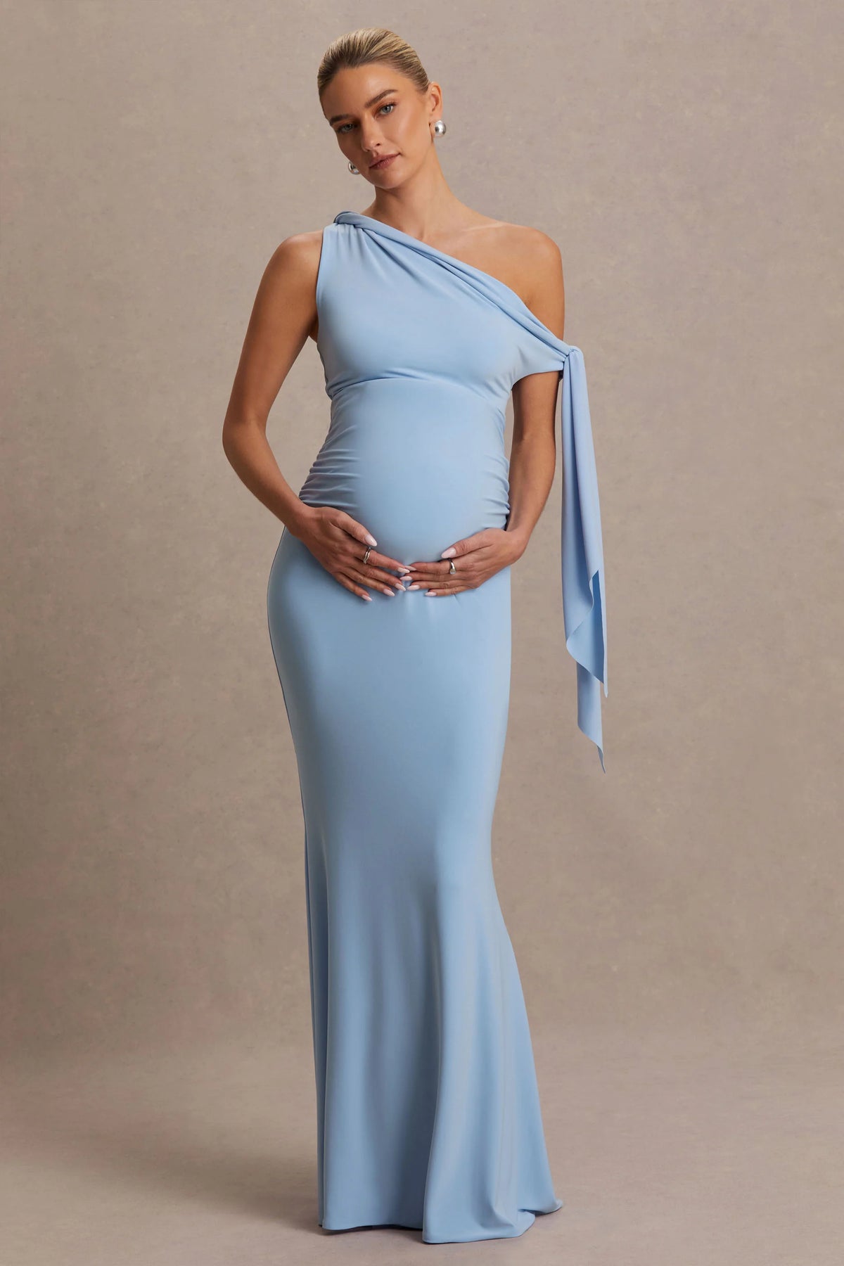 Orielle Powder Blue Asymmetric Neck Maternity Maxi Dress With Knot Sleeve And Sash