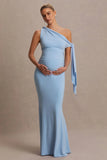 Orielle Powder Blue Asymmetric Neck Maternity Maxi Dress With Knot Sleeve And Sash