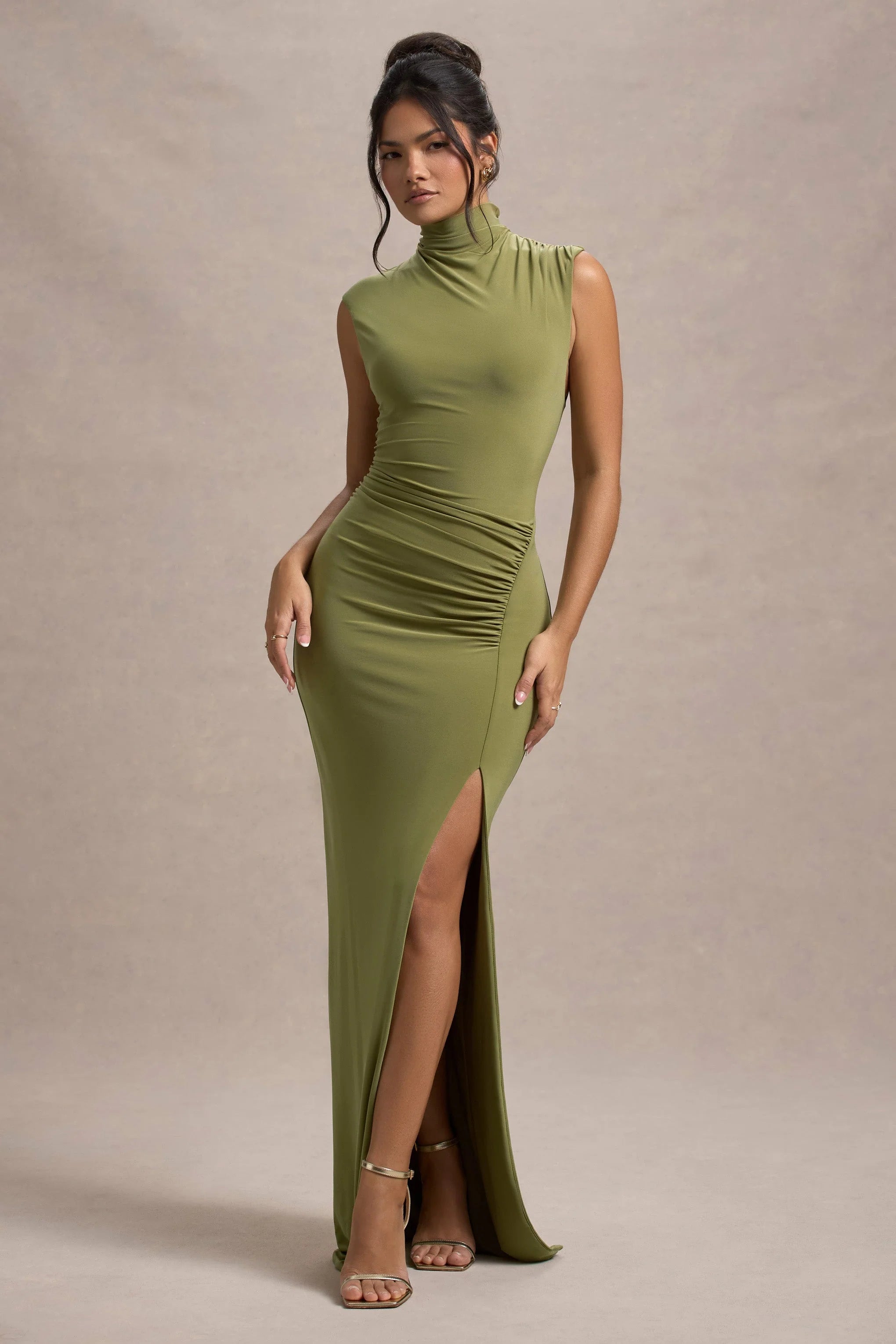 Lanetta Olive Ruched High Neck Maxi Dress With Split