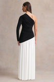 Danila Black And White Asymmetric Neck Maxi Dress With Drop Waist