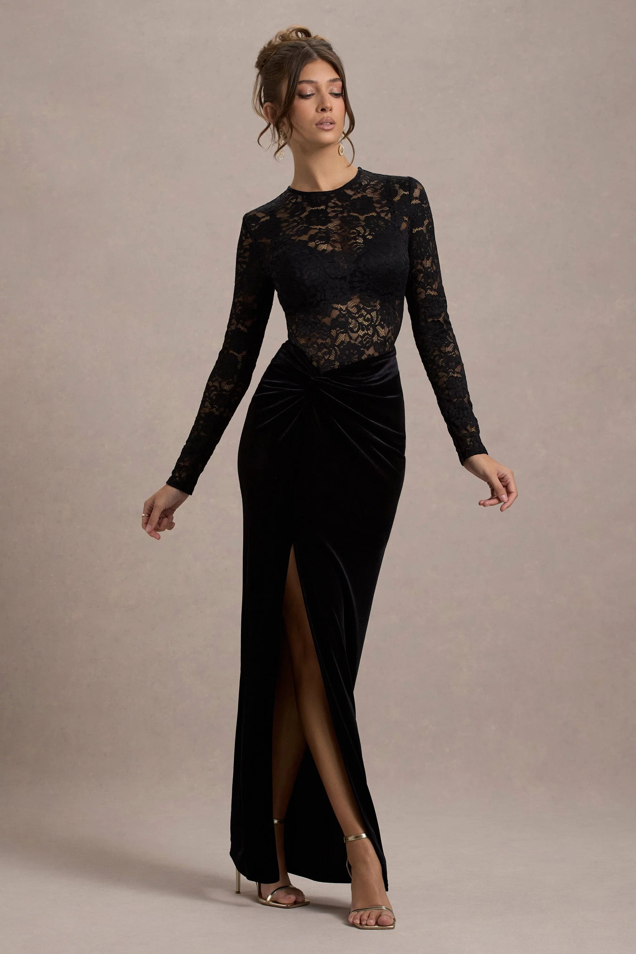 Loving Look Black Lace Long Sleeve Twisted Split Maxi Dress