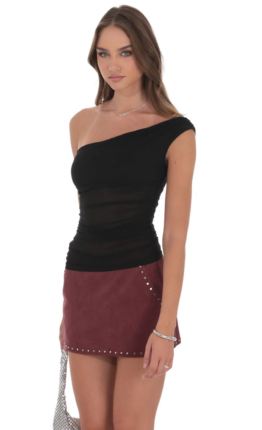 Sheer One Shoulder Top in Black
