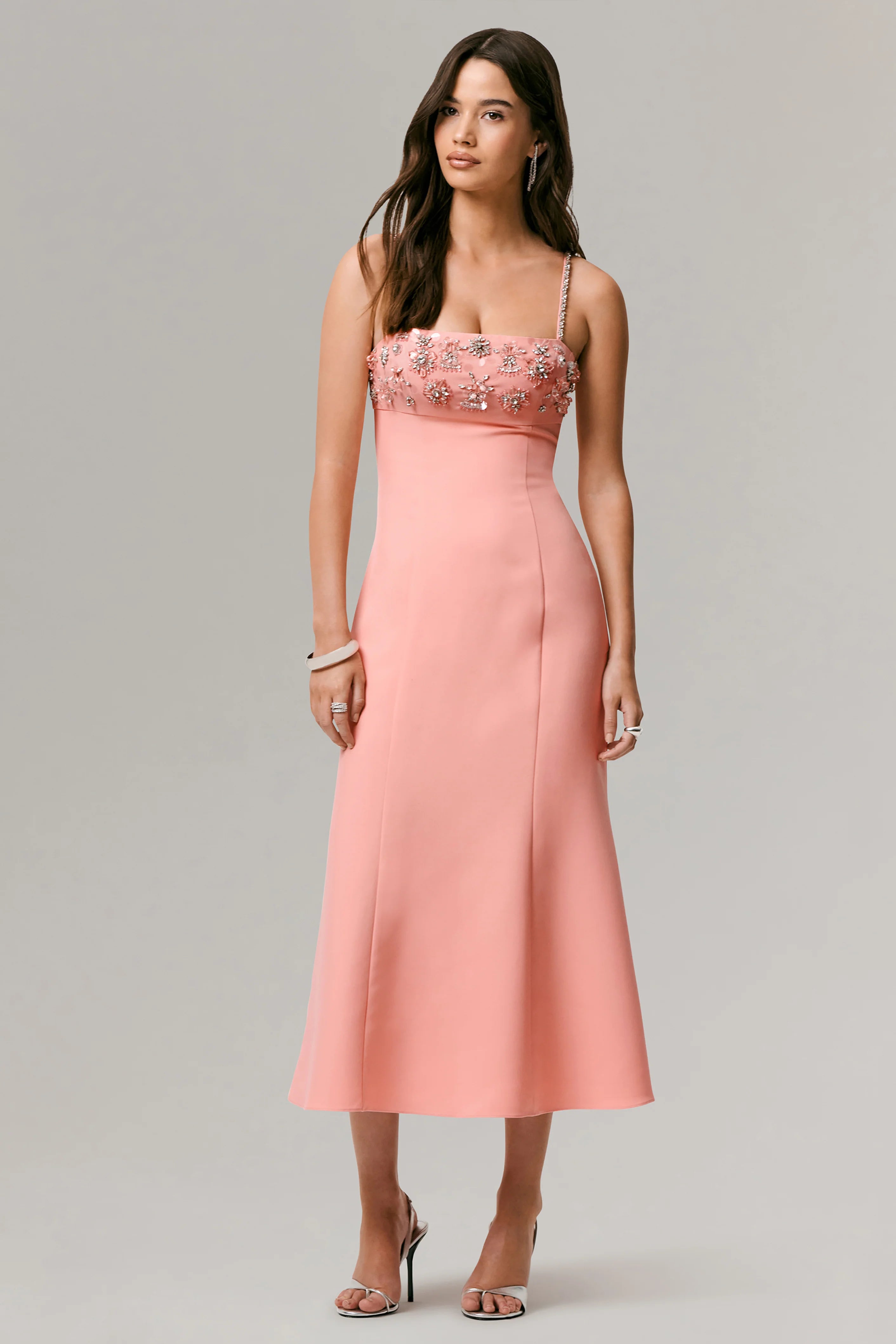 One To Remember Coral Square Neck Embellished Midi Dress