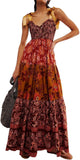 Women Floral Maxi Dress Tie Shoulder Patchwork Smocked Flowy Boho Dress with Pockets Summer Vacation Sundress