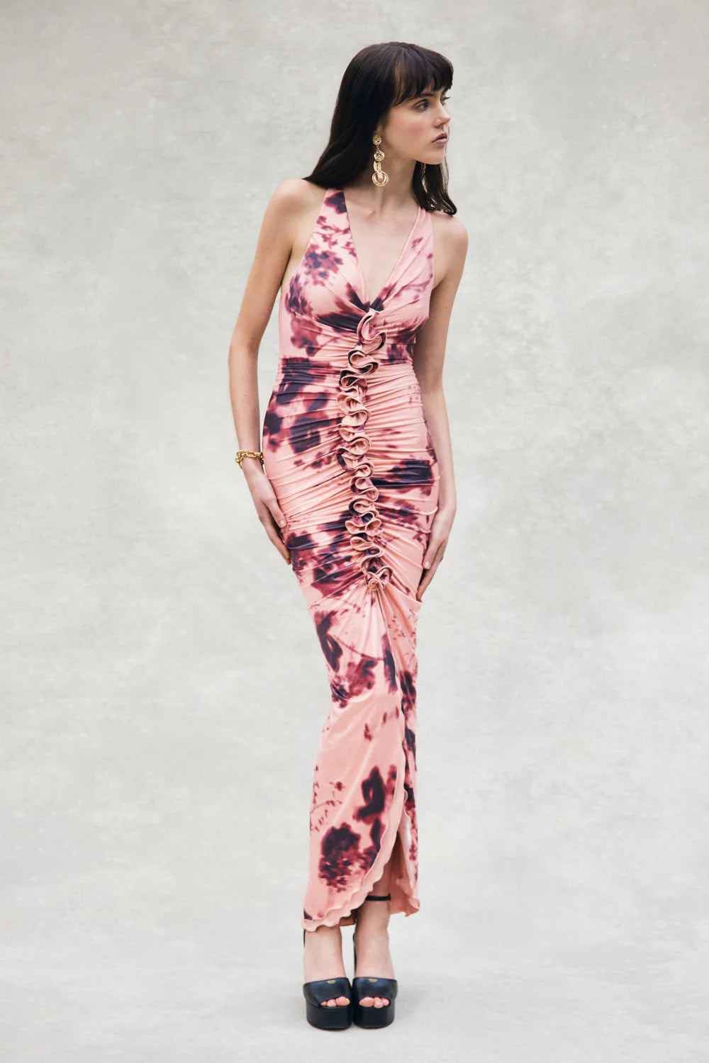 Alessandra Slinky Ruffle Maxi Dress Pink Blurred Floral Print
