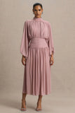 Annabel Dusty Pink High Neck Midi Dress With Drop Waist And Pleated Detailing