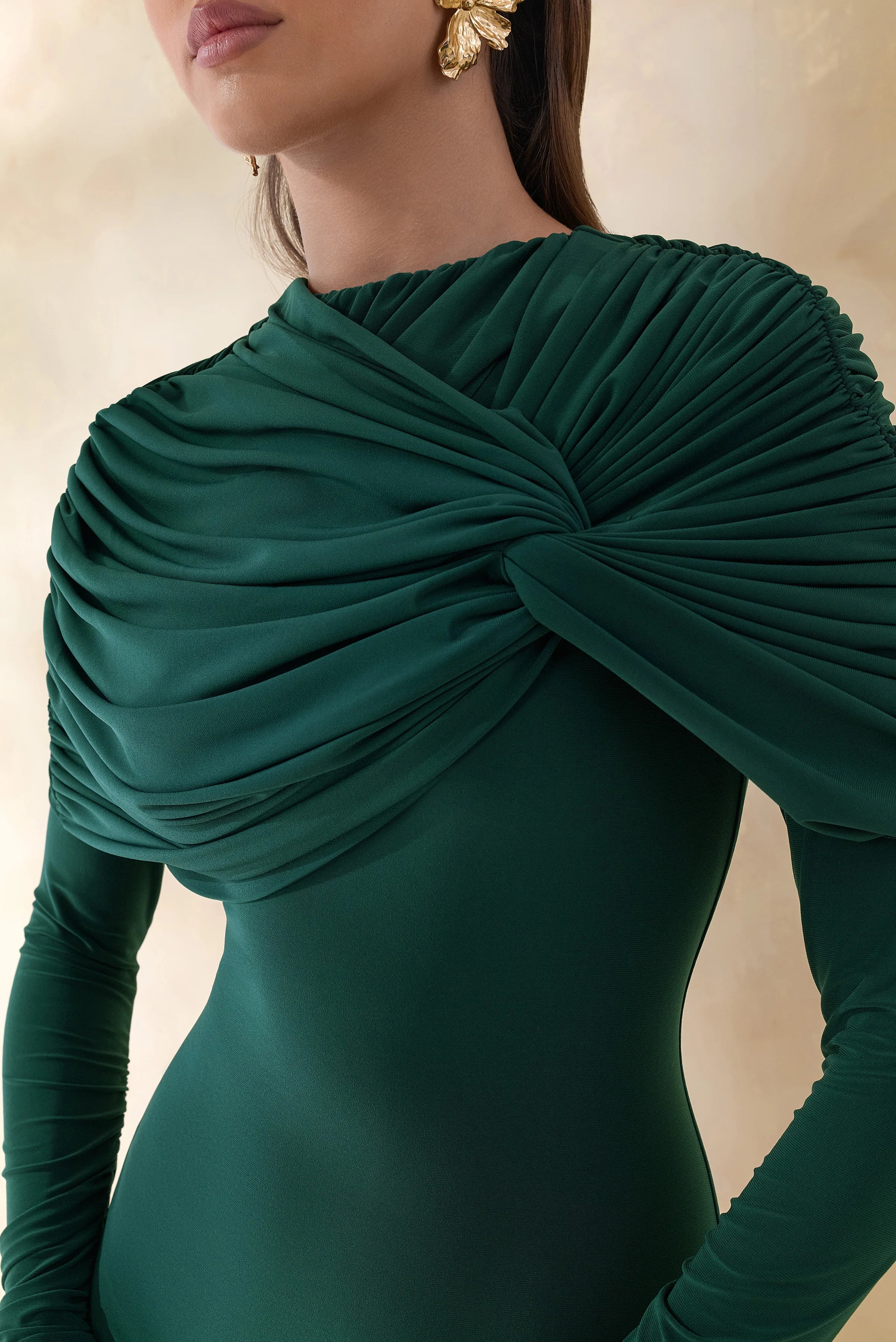 Evessa Dark Green High Neck Maxi Dress With Gathered Detailing