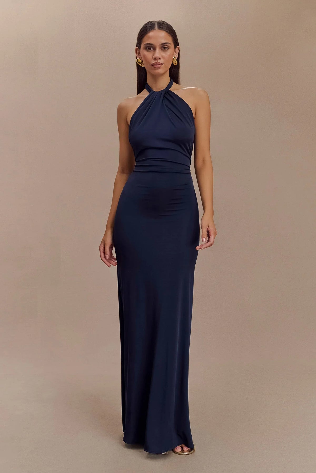 Elyna Slinky Halter Maxi Dress Navy
