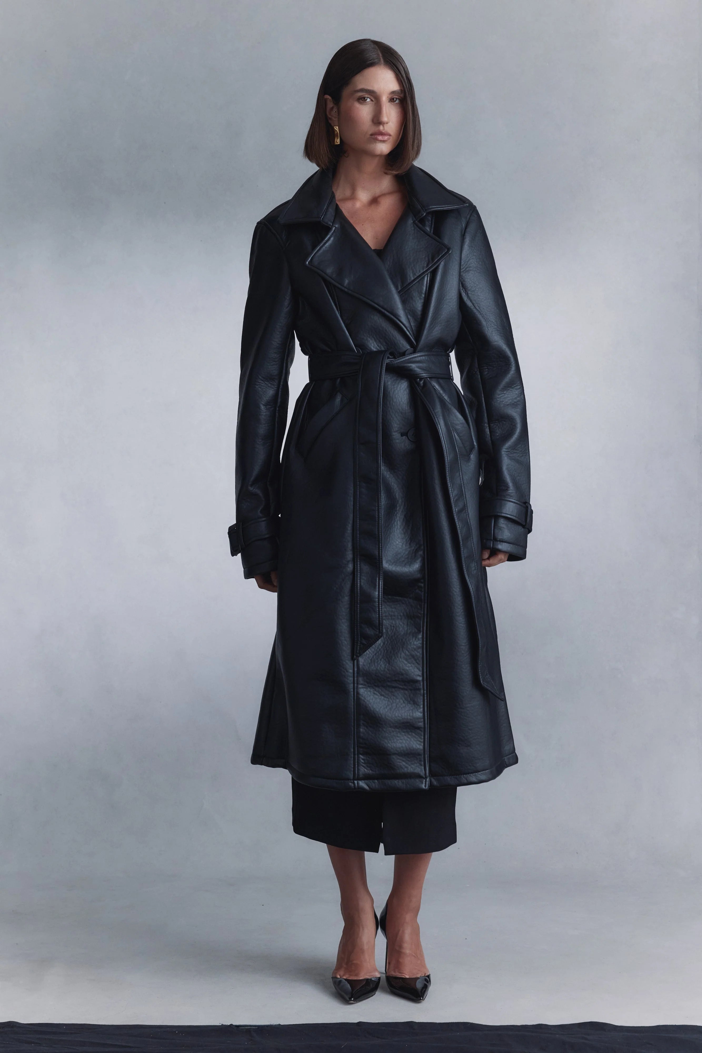 Tarah Faux Leather Trench Coat Black