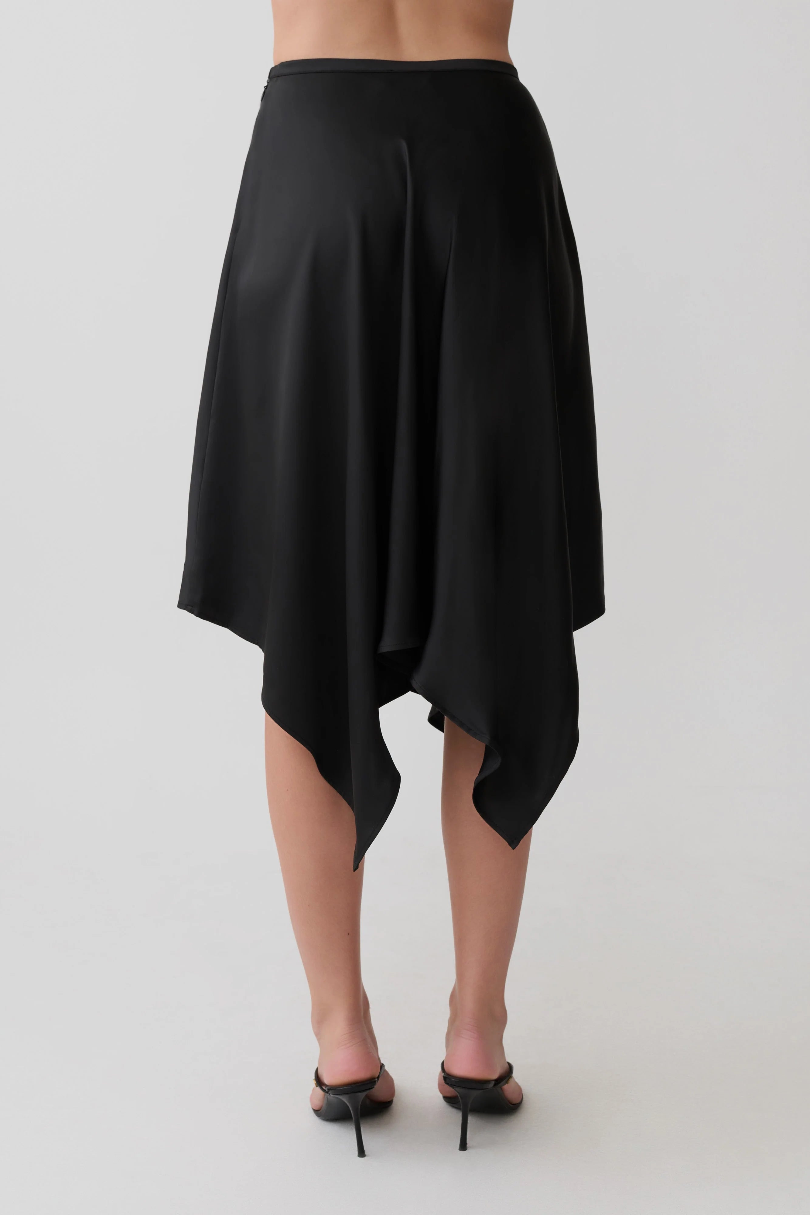 Coralie Asymmetric Satin Midi Skirt Black