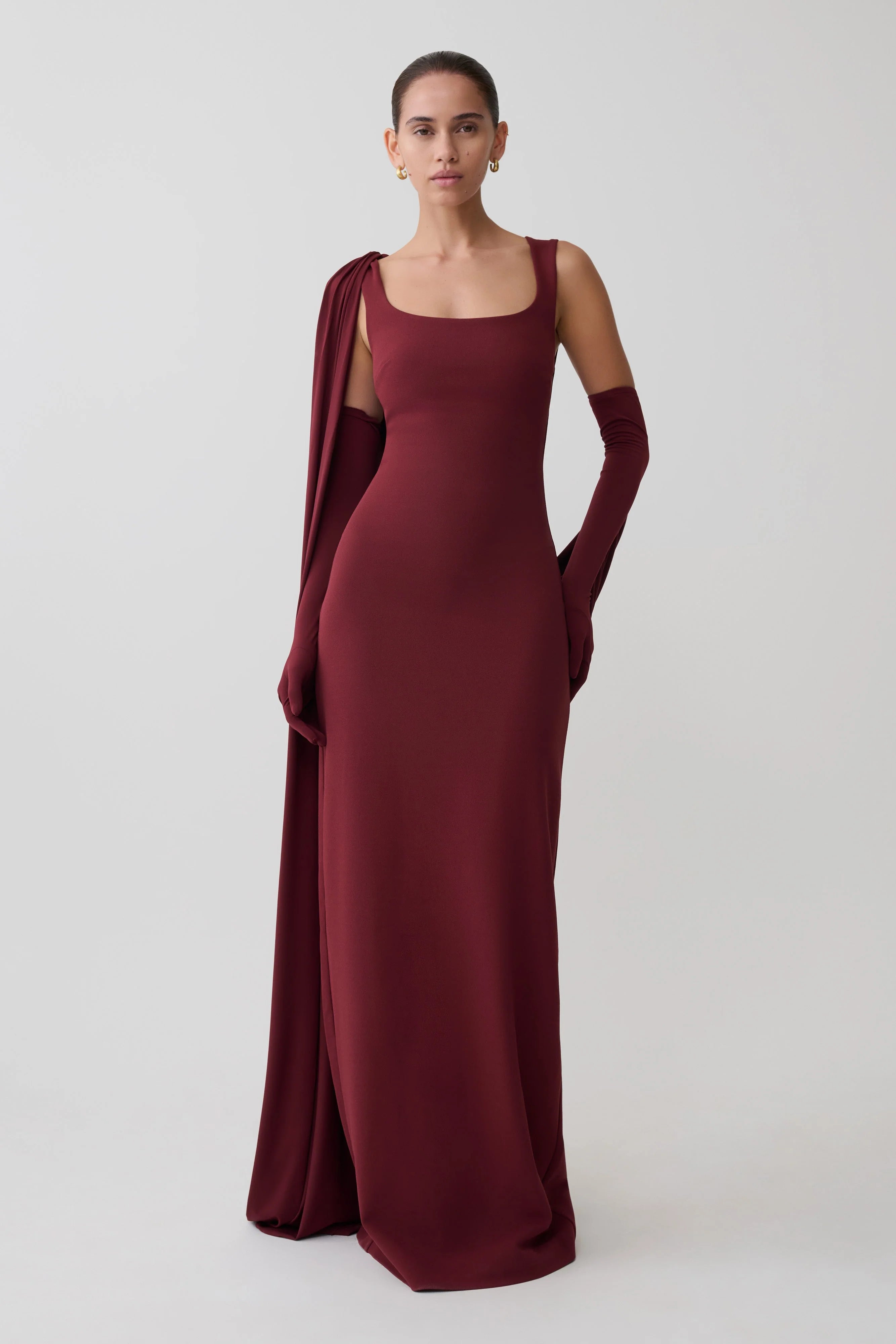 Rhea Detachable Cape Jersey Maxi Dress Wine