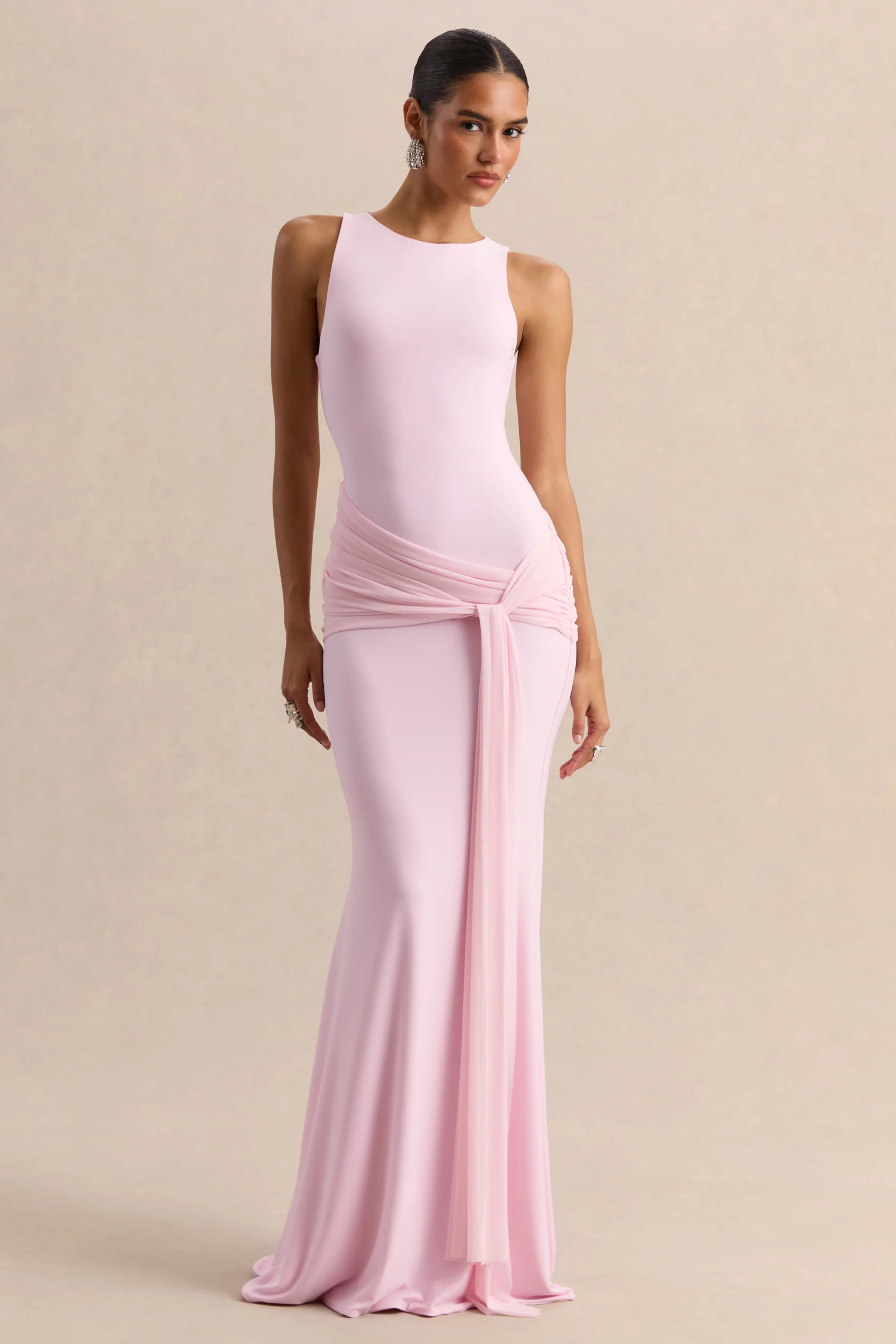 Mirene Light Pink Round Neck Maxi Dress With Gathered Detailing And Sash