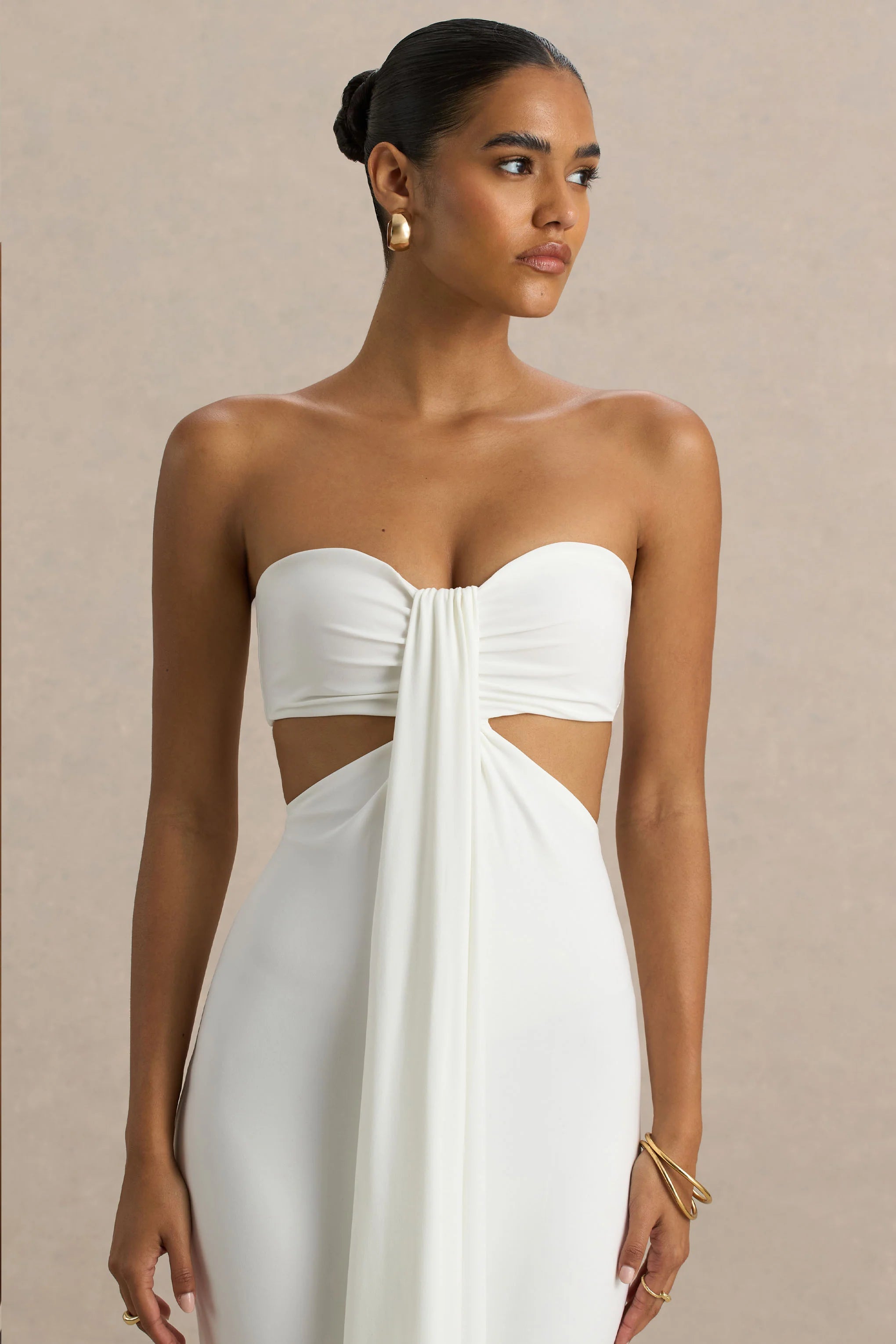 Elixir Cream Sweetheart Neck Maxi Dress with Cut Out Details