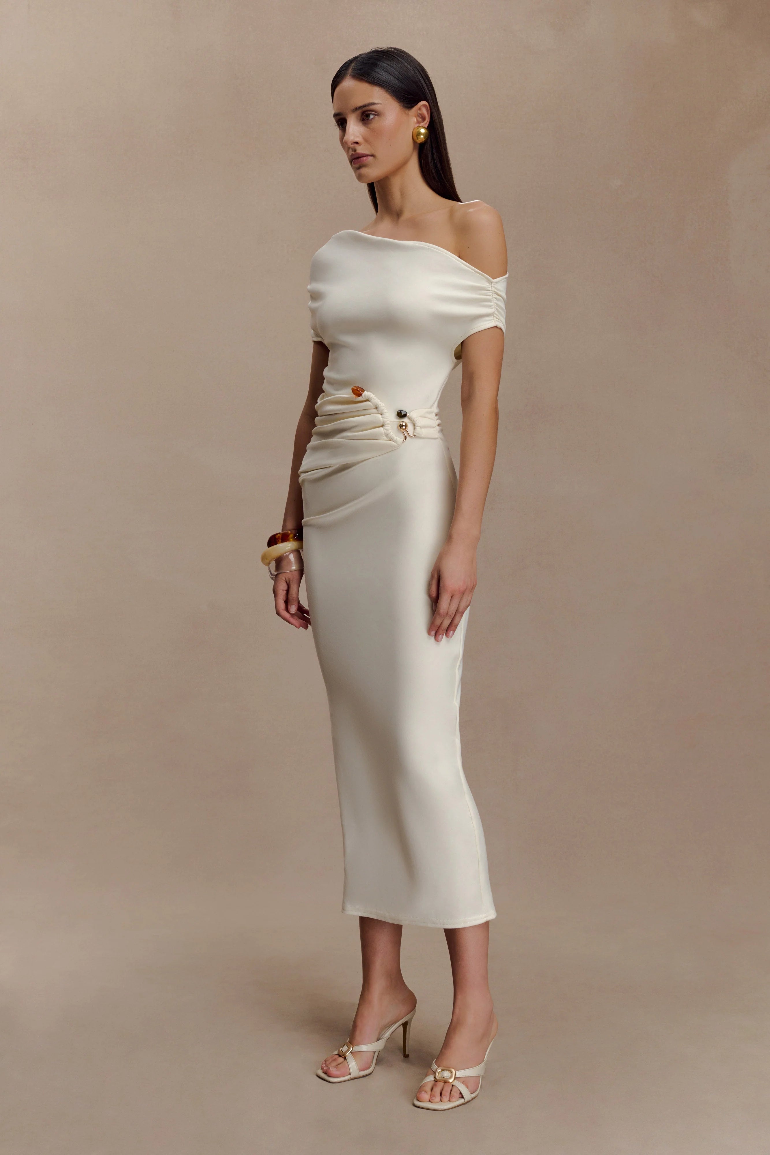 Kendra Scuba Jersey Midi Dress With Hardware Ivory