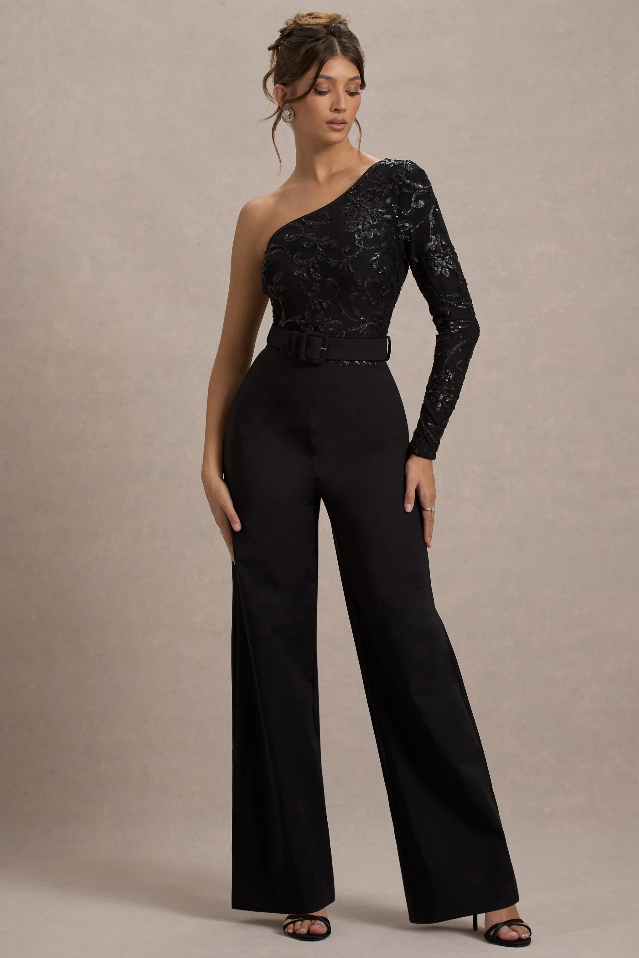 Upgrade Black Lace Asymmetric Belted Wide Leg Jumpsuit
