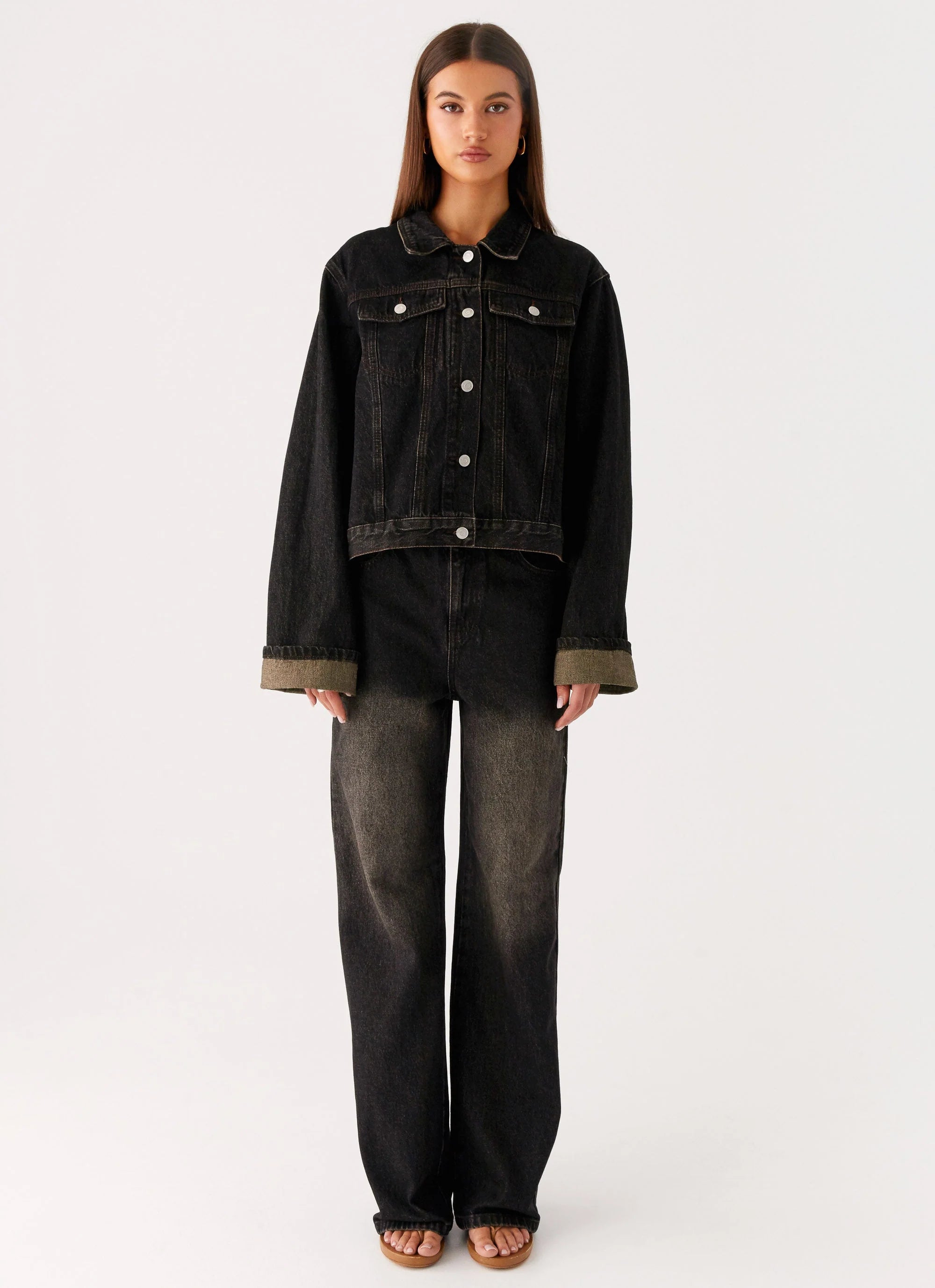 Back Again Oversized Denim Jacket Acid Charcoal
