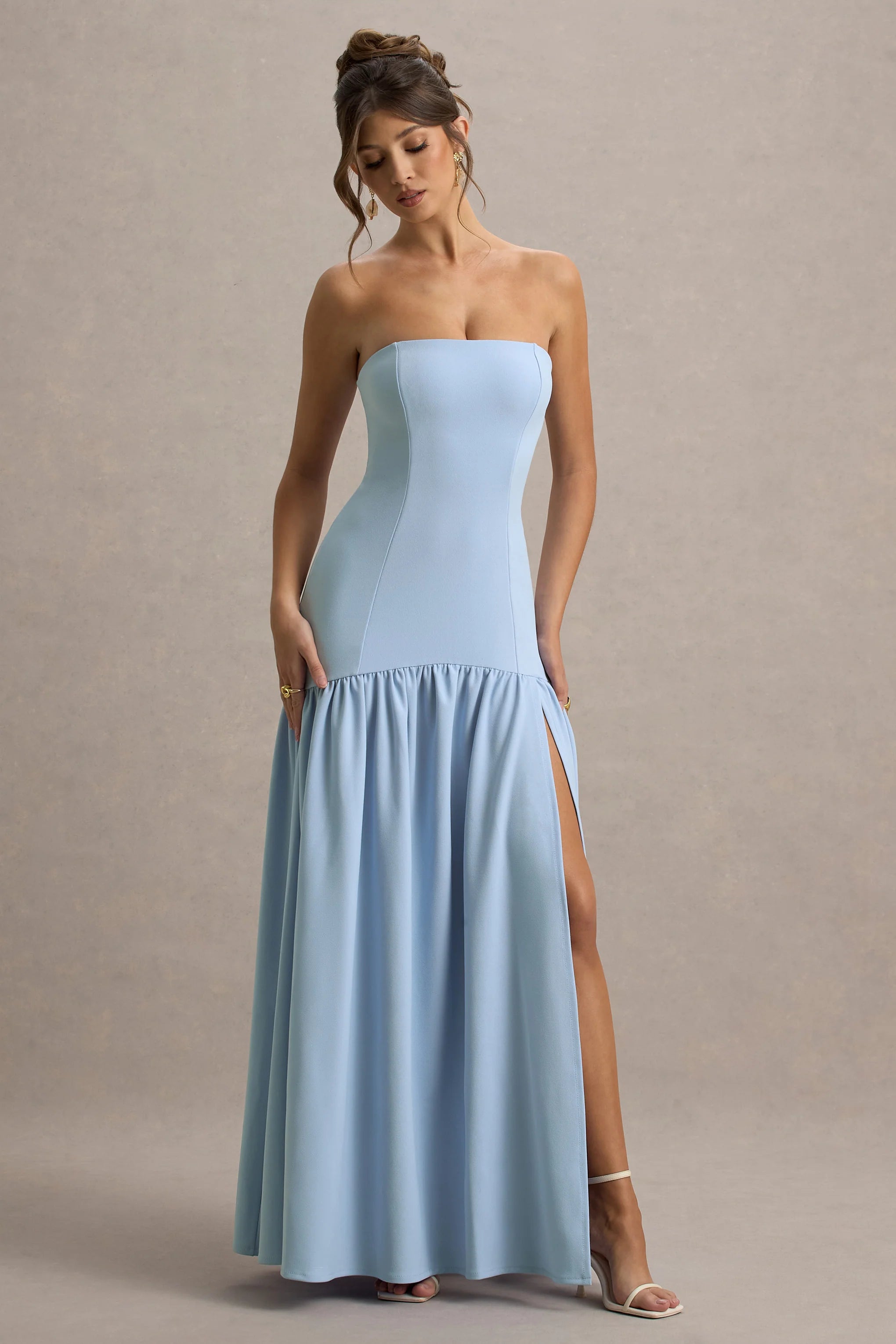 Penny Powder Blue Bandeau Drop Waist Maxi Dress