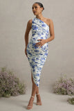 Late Night Blue Floral Print Maternity Ruched One Shoulder Midi Dress