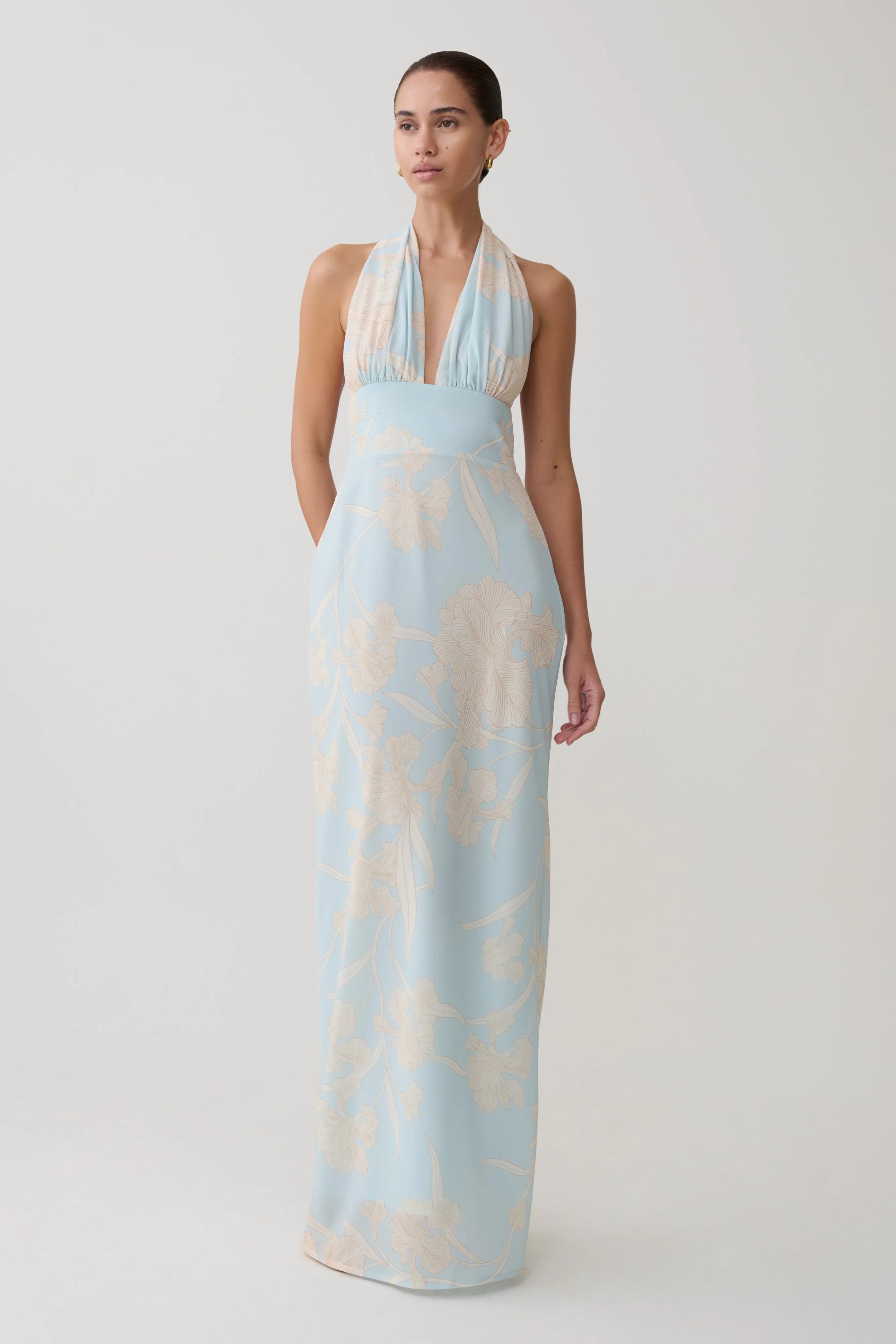 Nadine Halter Scarf Chiffon Maxi Dress Blue Floral Print
