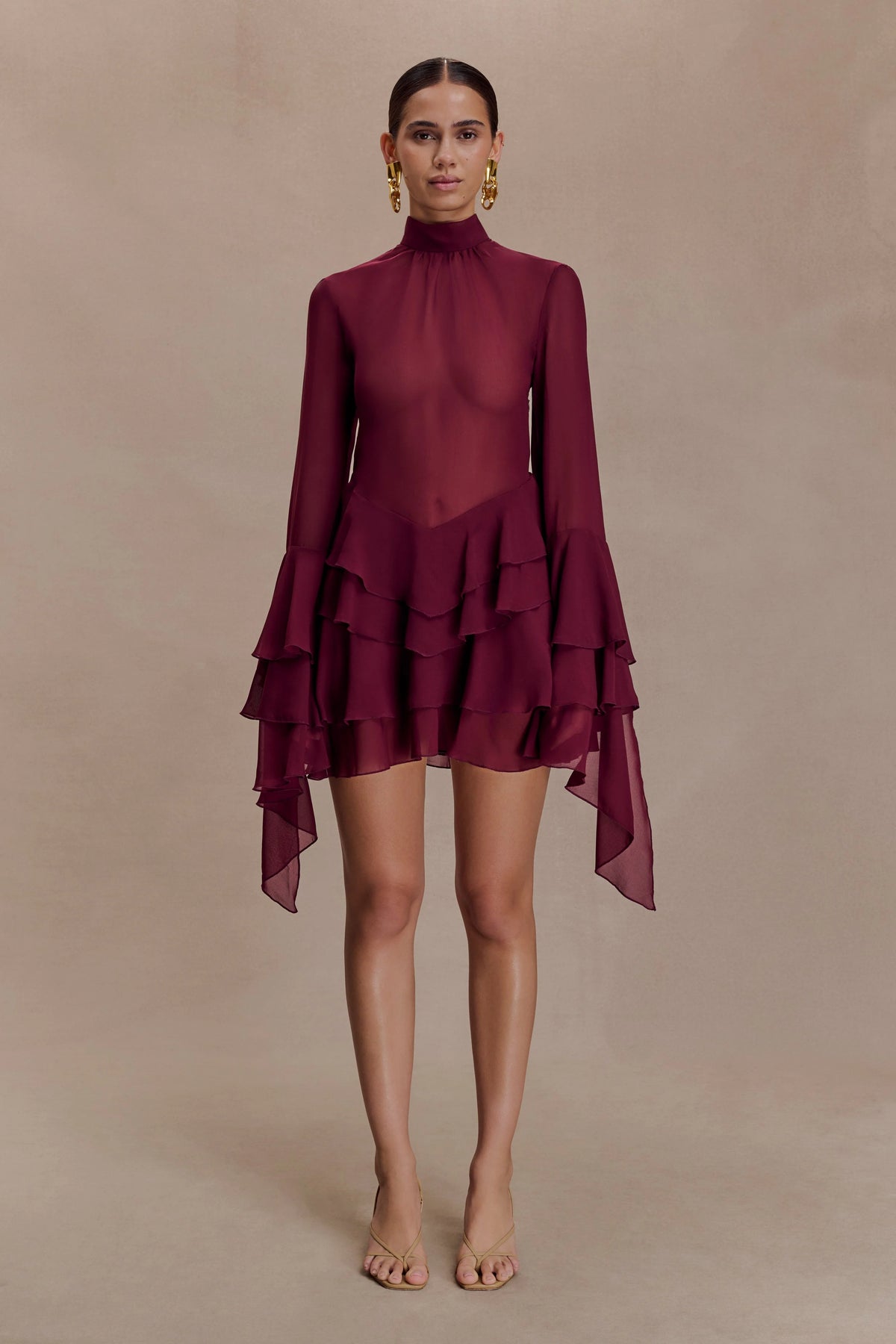 Nimah Chiffon Ruffle Mini Dress Wine