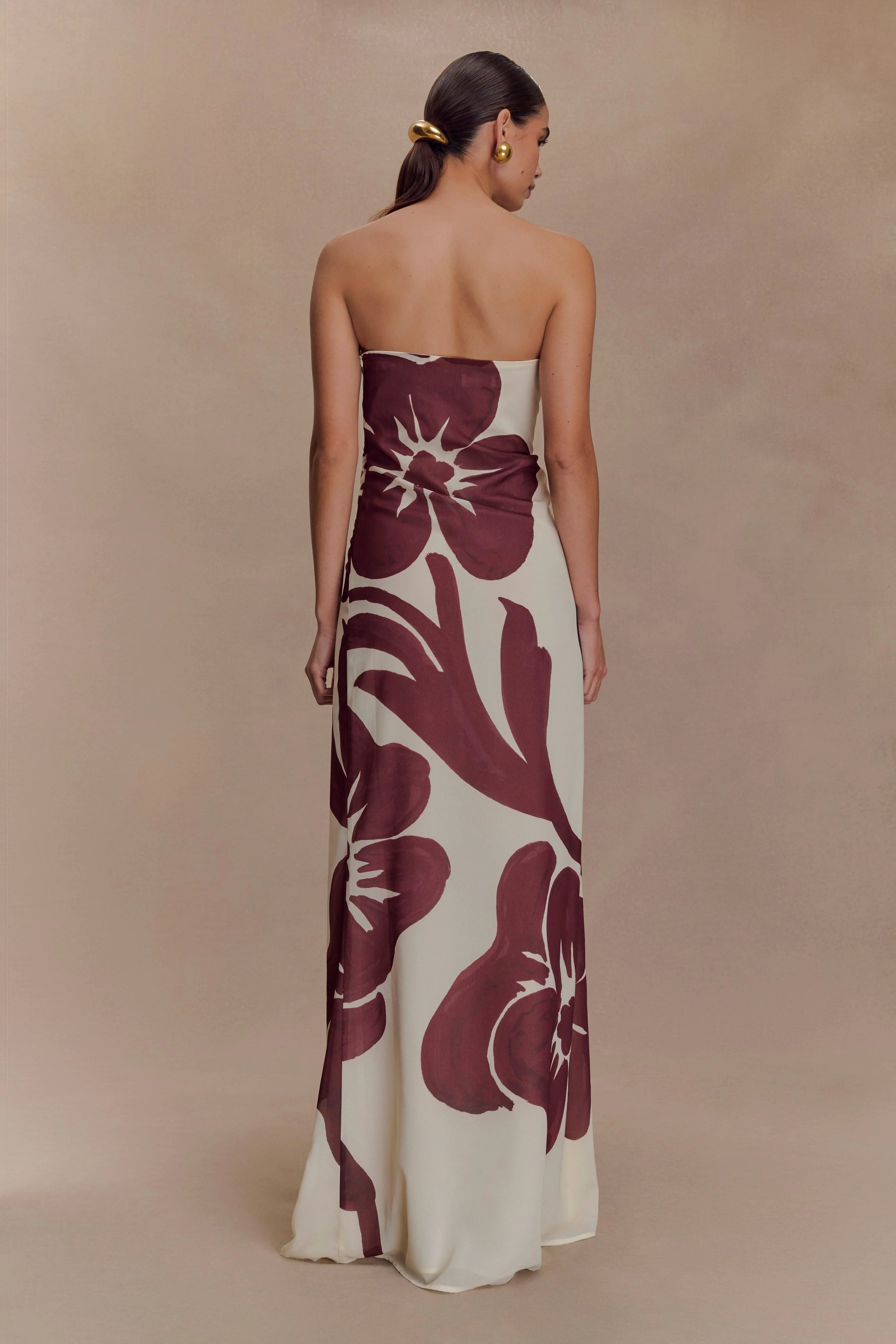 Amaya Strapless Chiffon Maxi Dress Brown Deco Fleur Print