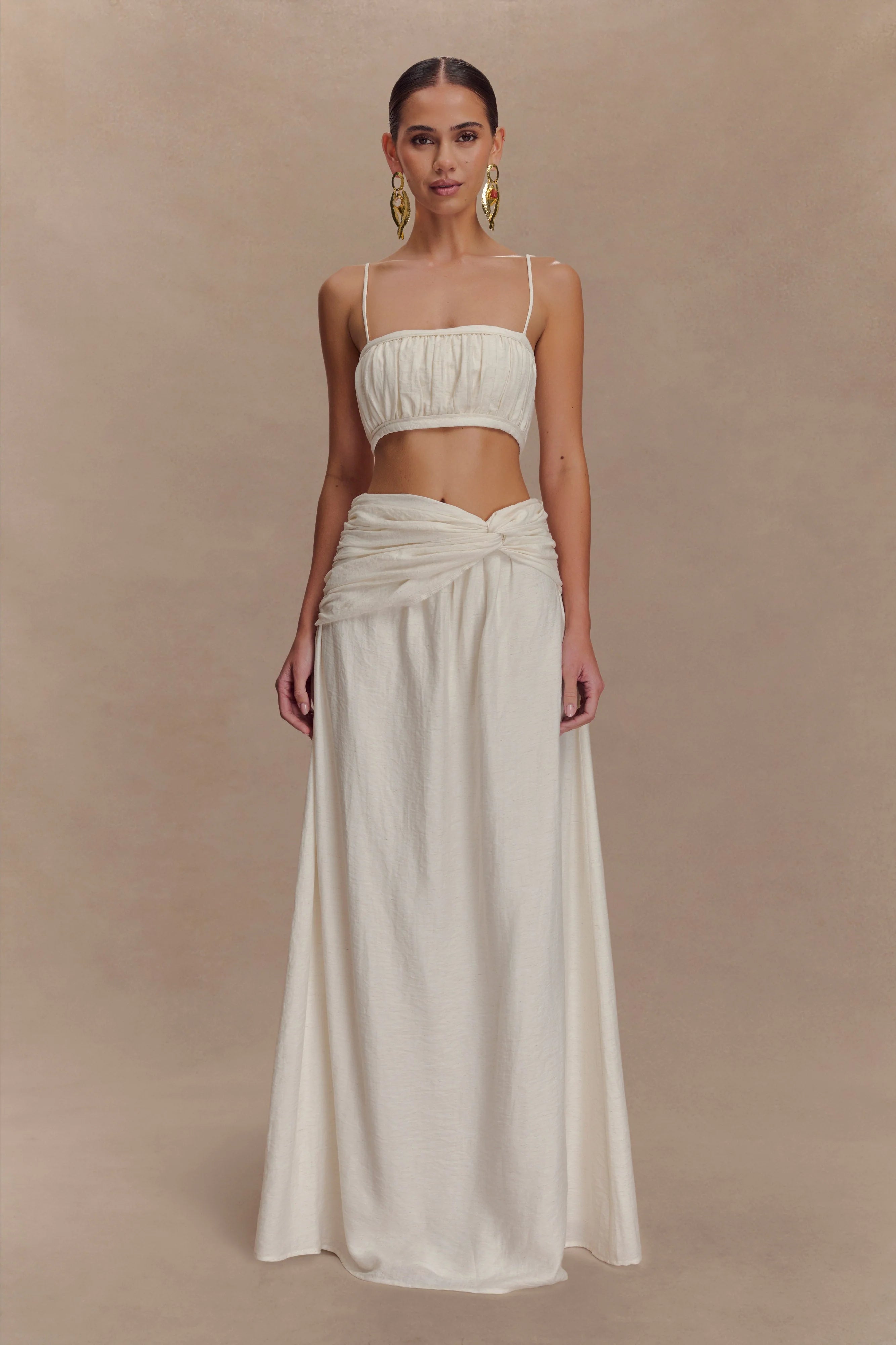 Scottie Gathered Linen Knot Maxi Skirt Oat Marle