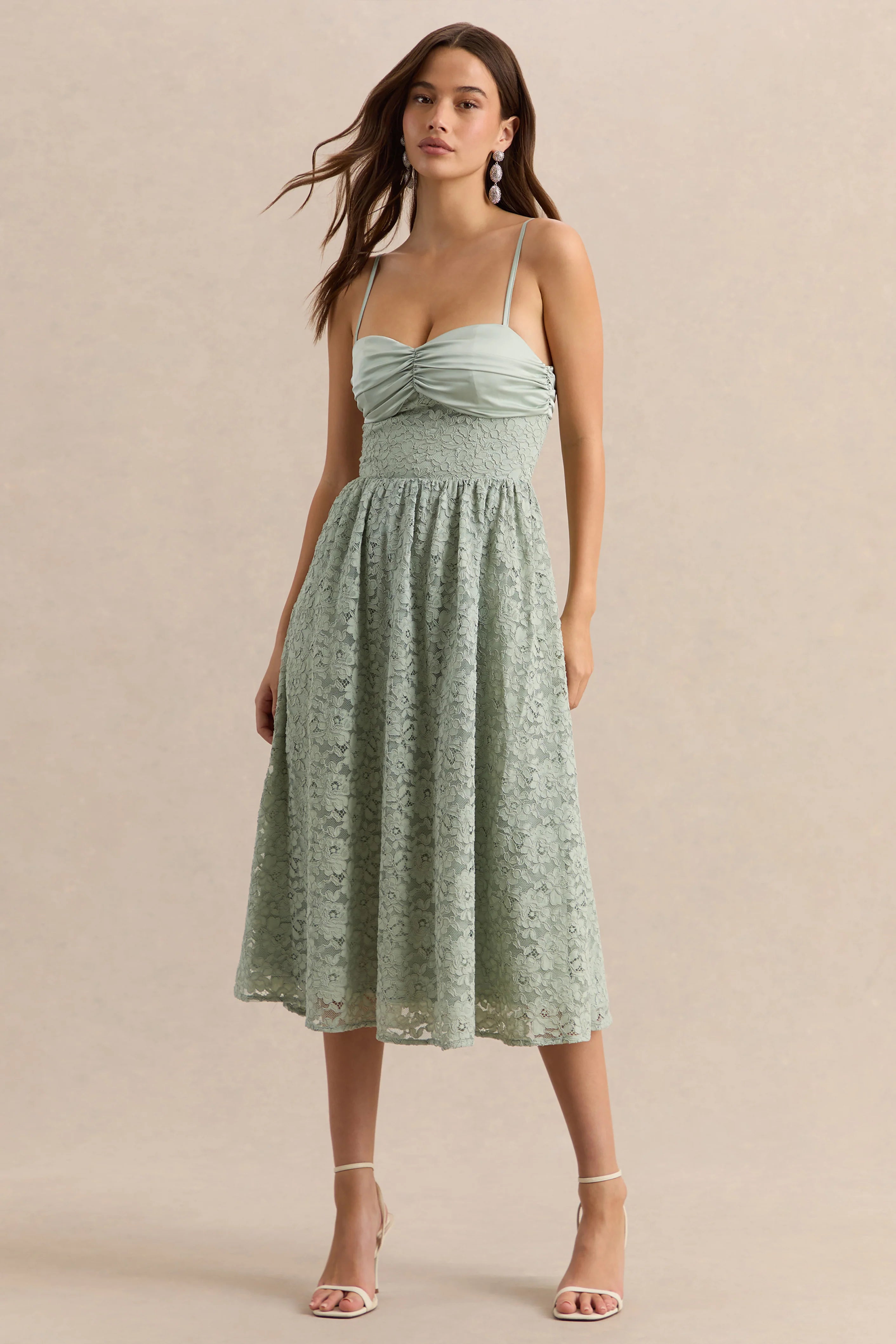 Gloriana Sage Lace Sweetheart Neck Midi Dress