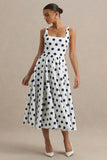 Berta White And Navy Polka Dot Square Neck Midi Dress