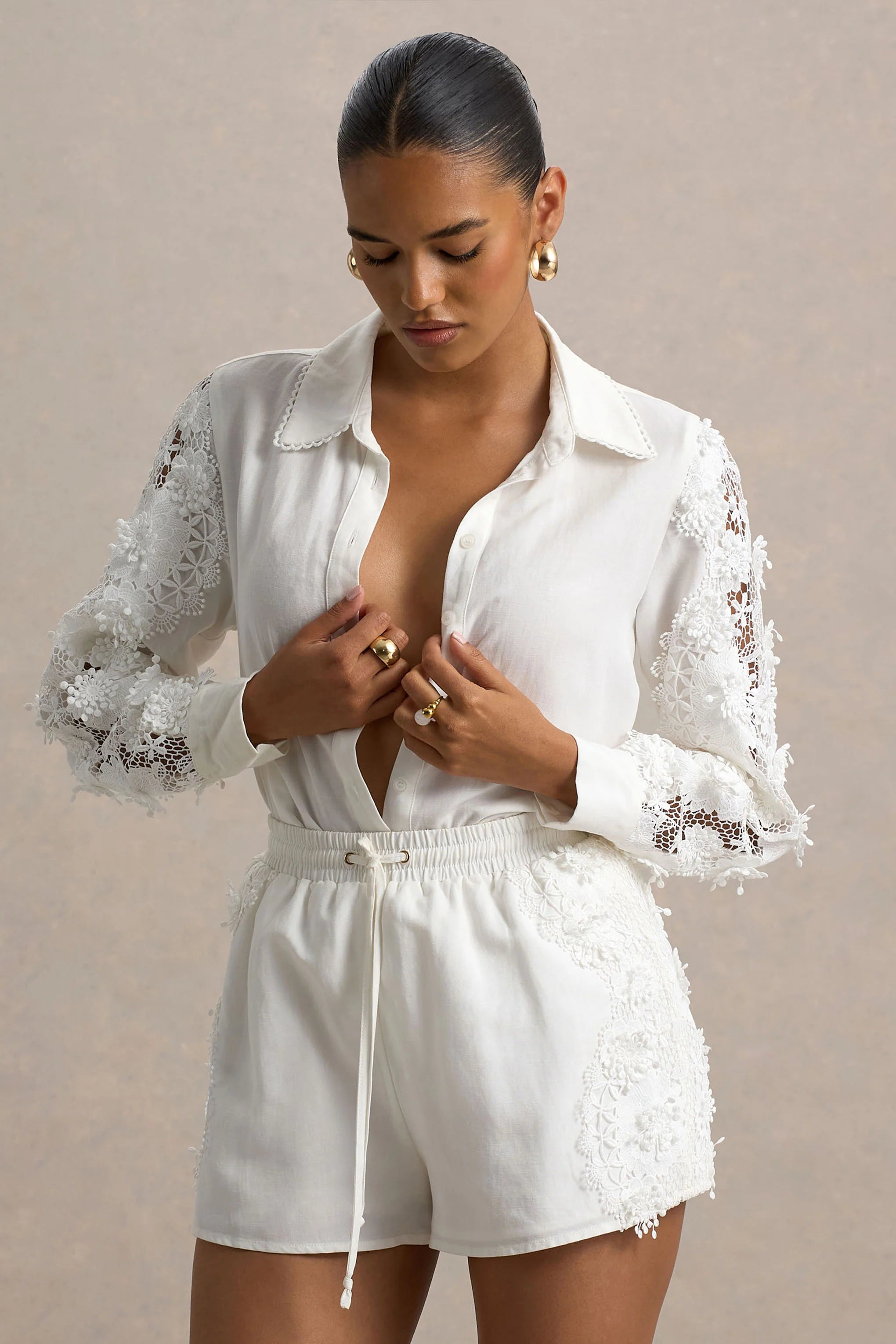 Coconut Ecru Button Up Shirt With Lace Detail
