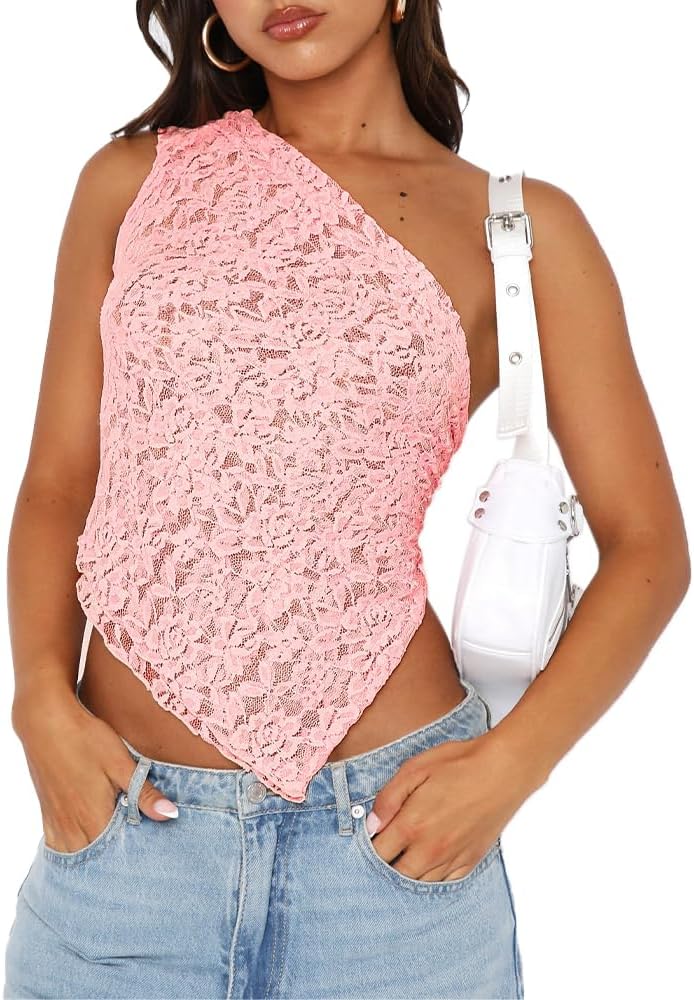Women One Shoulder Lace Top Irregular Hem Backless Crop Tops See Through Sheer Tank Tops Going Out Clubwear