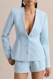 Rosalina Light Blue Extreme Plunge Neck Tailored Blazer