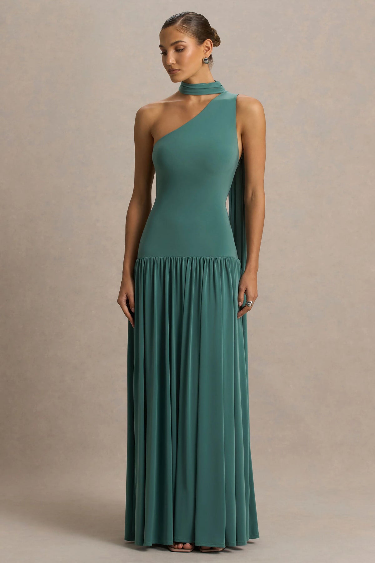 Freesia Teal Asymmetric Neck Maxi Dress With Scarf Detail